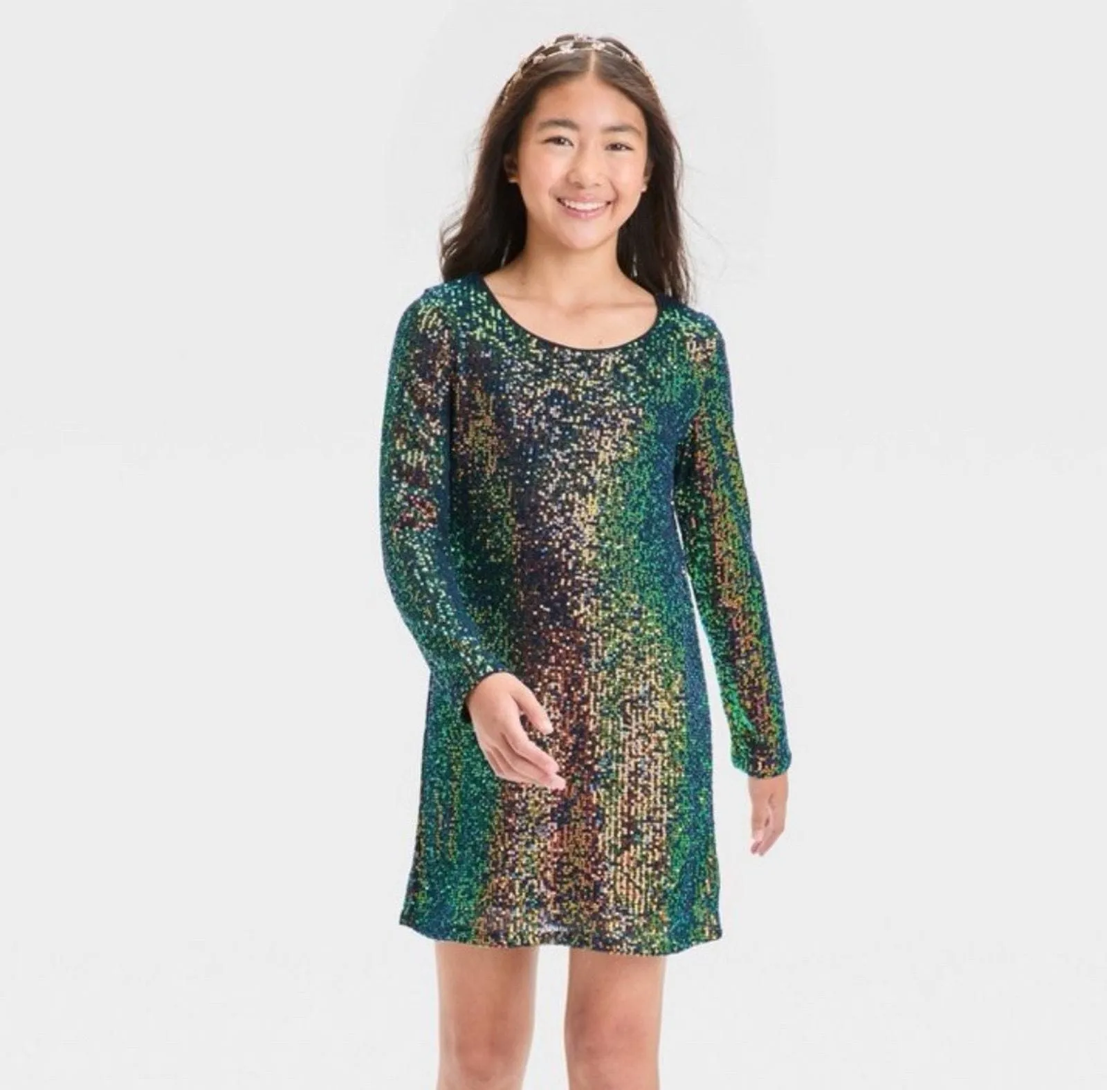 Product image for Girls' Long Sleeve Sequin A-Line Dress - art class Large - Art Class
