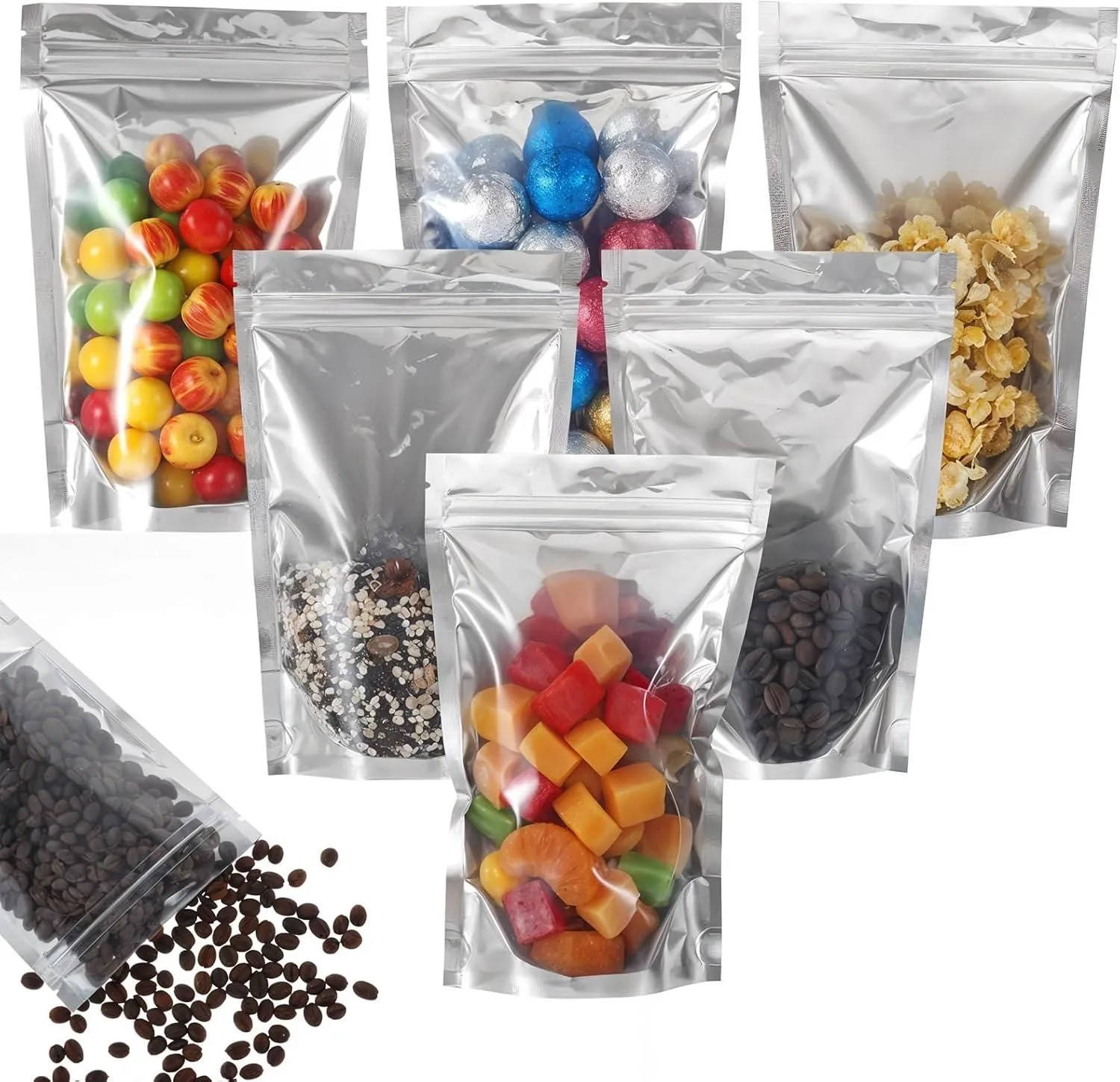Product image for 200 Pcs Stand Up Pouch Bags, Heavy Duty Clear Front, Foil Back, Zipper, 5 x 8