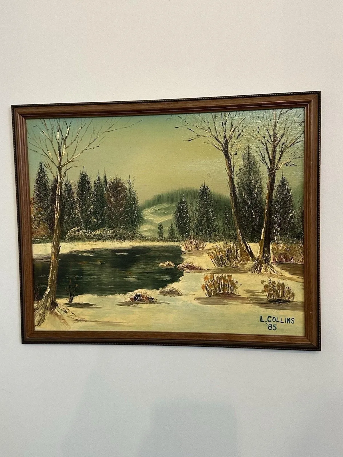 Product image for Vintage Oil Painting Winter Snowy Lake Picture Signed 1985 L Collins 22”x18”