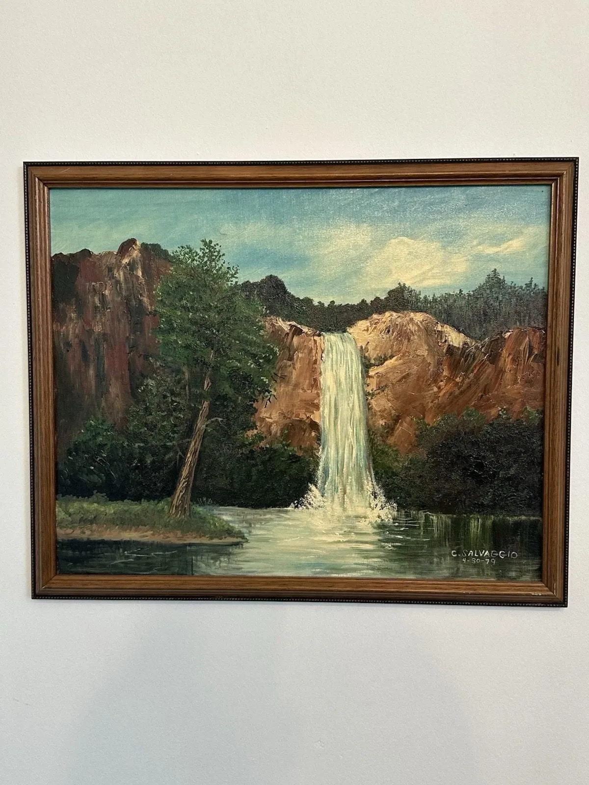 Product image for Vintage Oil Painting Mountain Waterfall Picture Signed 1979 C Salvaggio 22”x18”