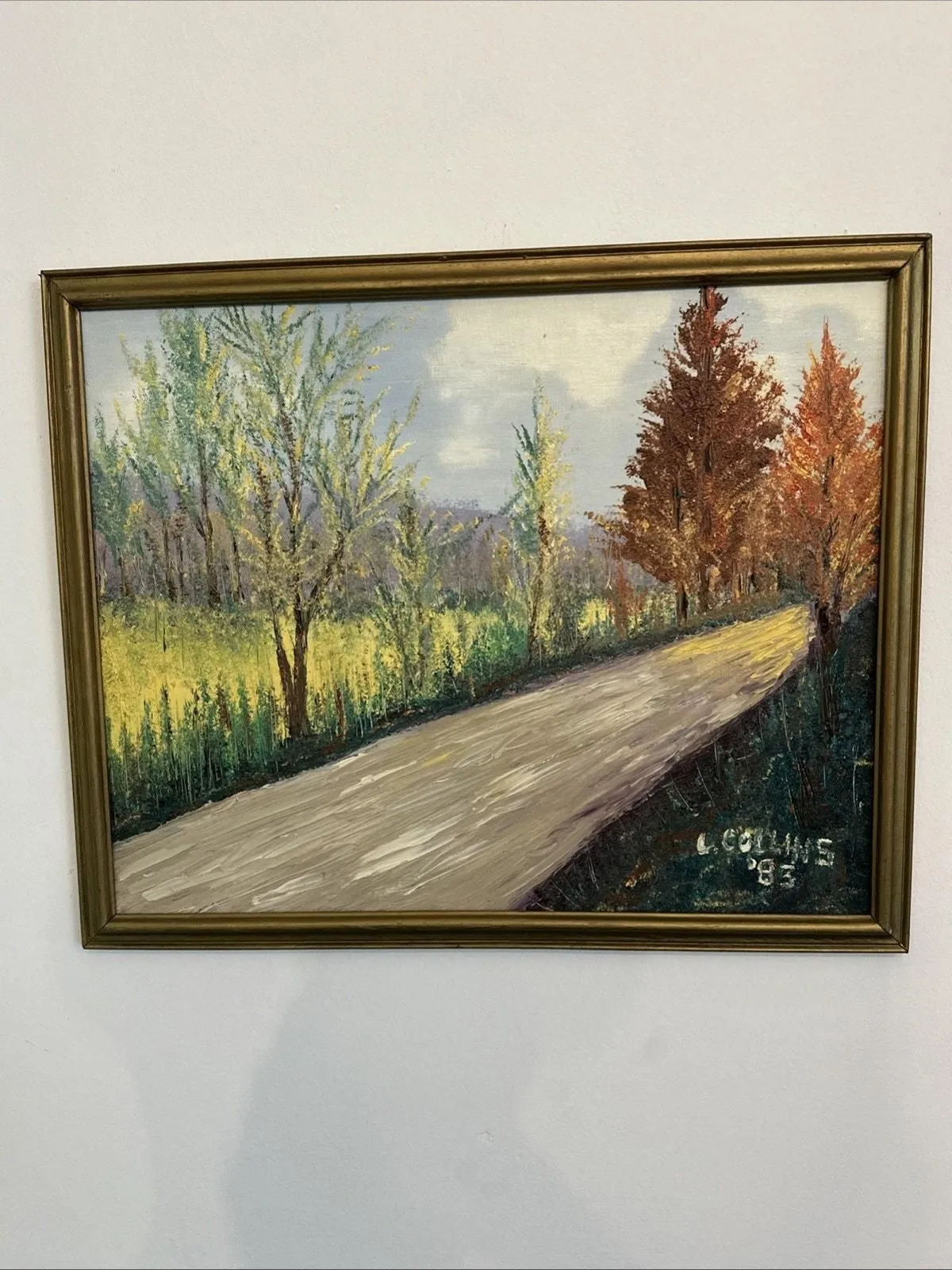 Product image for Vintage Oil Painting Paved Road In Fall Picture Signed 1983 L Collins 22”x18”