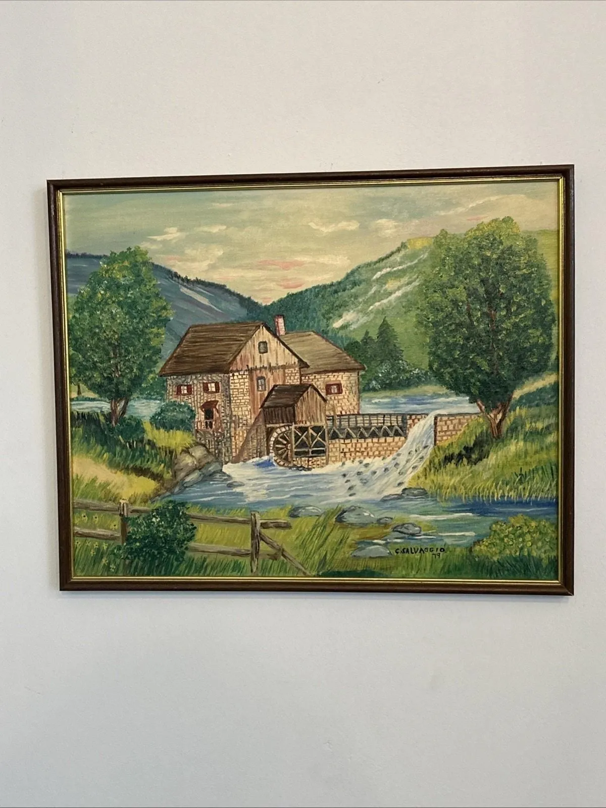 Product image for Vintage Oil Painting Mountain Watermill Picture Signed 1979 C Salvaggio 21”x17”