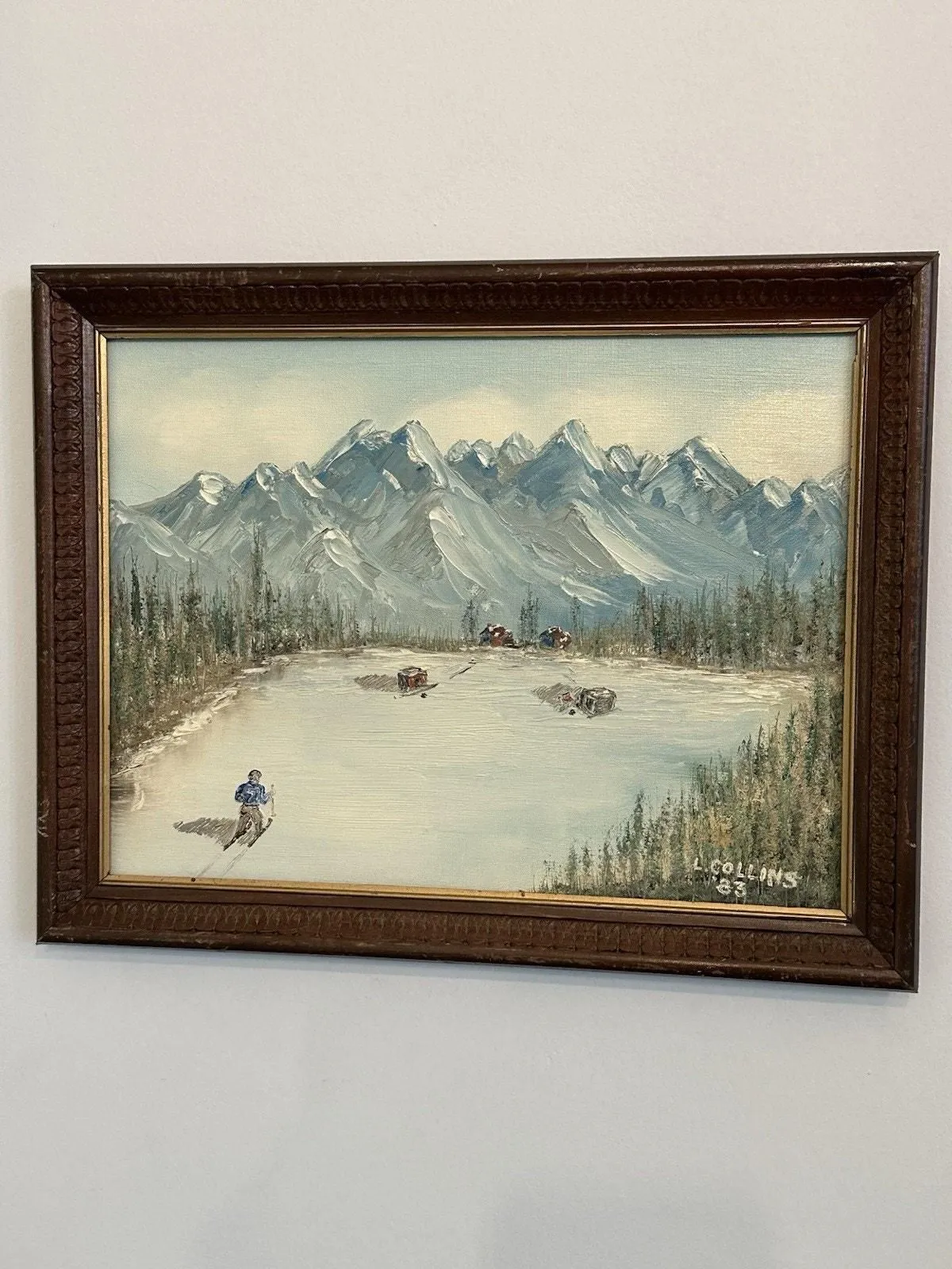 Product image for Vintage Oil Painting Snowy Frozen Lake Picture Signed 1983 L Collins 18”x14”