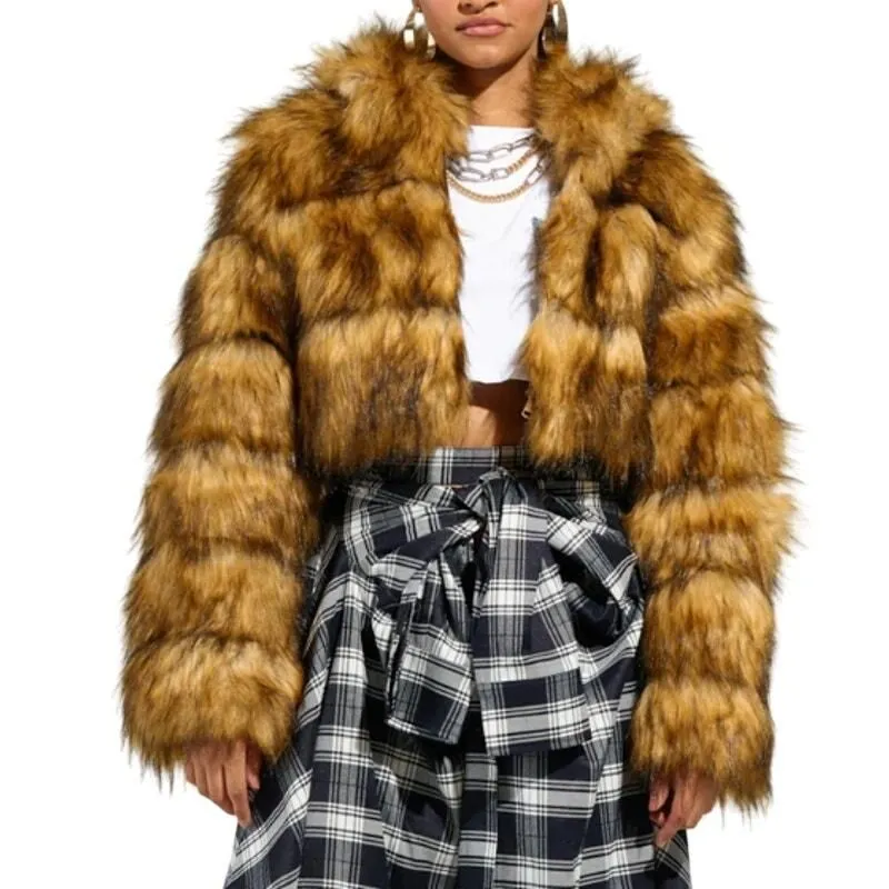 Product image for Akira Gracelle Faux Fur Cropped Jacket in Brown, Size L - new-with-tags - Akira