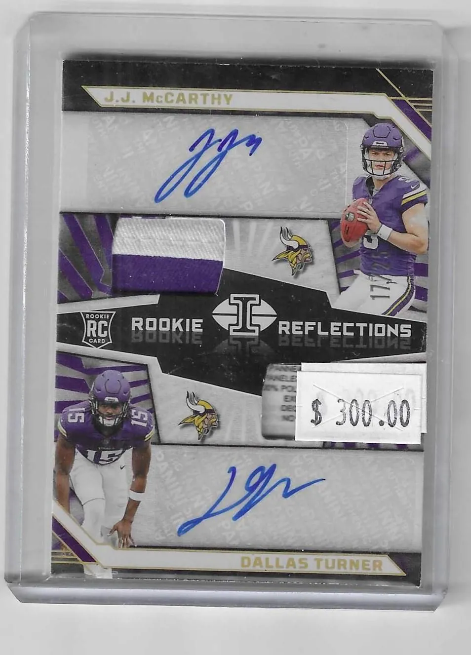 Product image for 2024 Illusions Dallas Turner J.J. McCarthy Dual Auto/Logo Tag #17/25--Vikings  - Football - RC - J.J. McCarthy, Dallas Turner - Minnesota Vikings - Yes