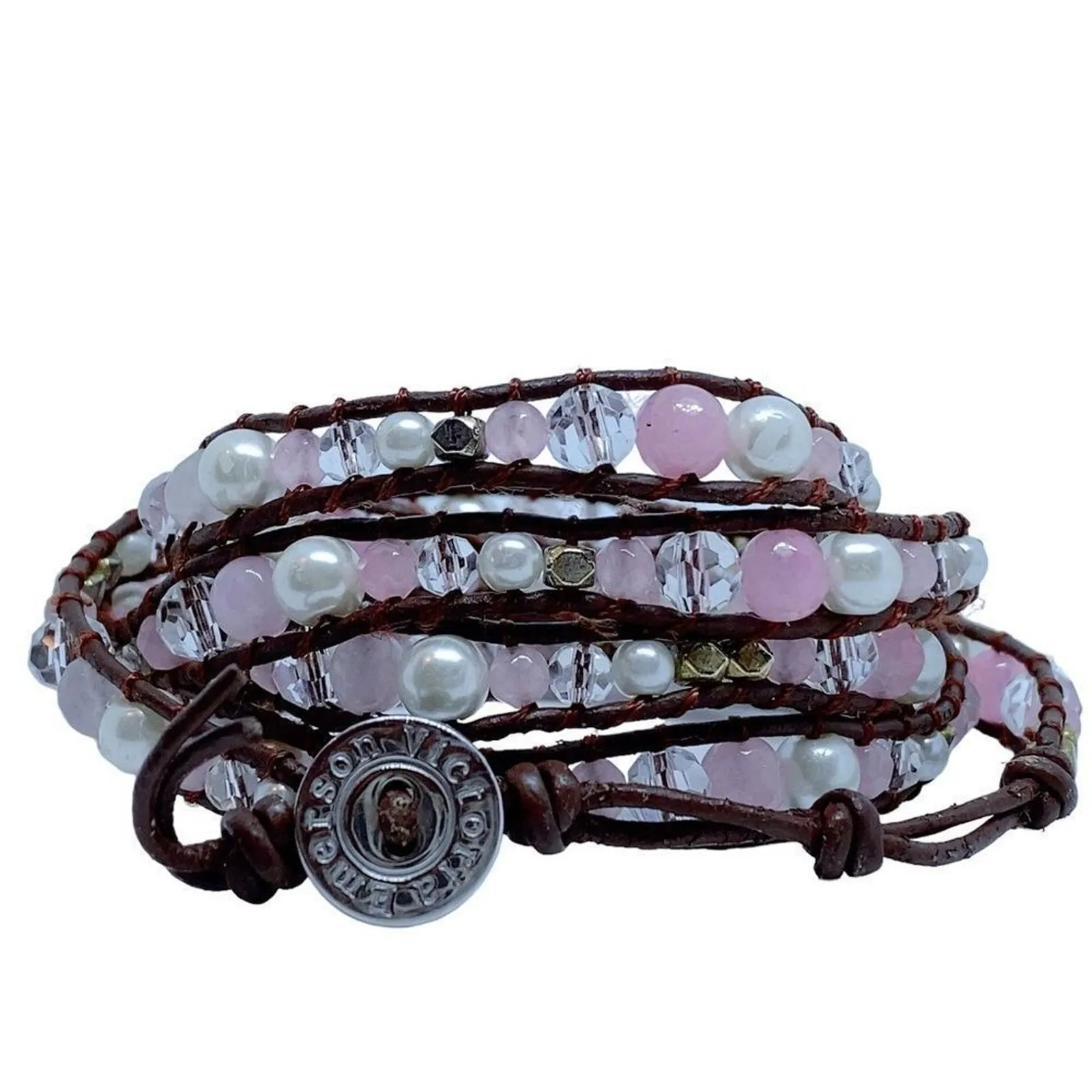 Product image for Victoria Emerson Brown Leather Wrap Bracelet With Pink Pearls