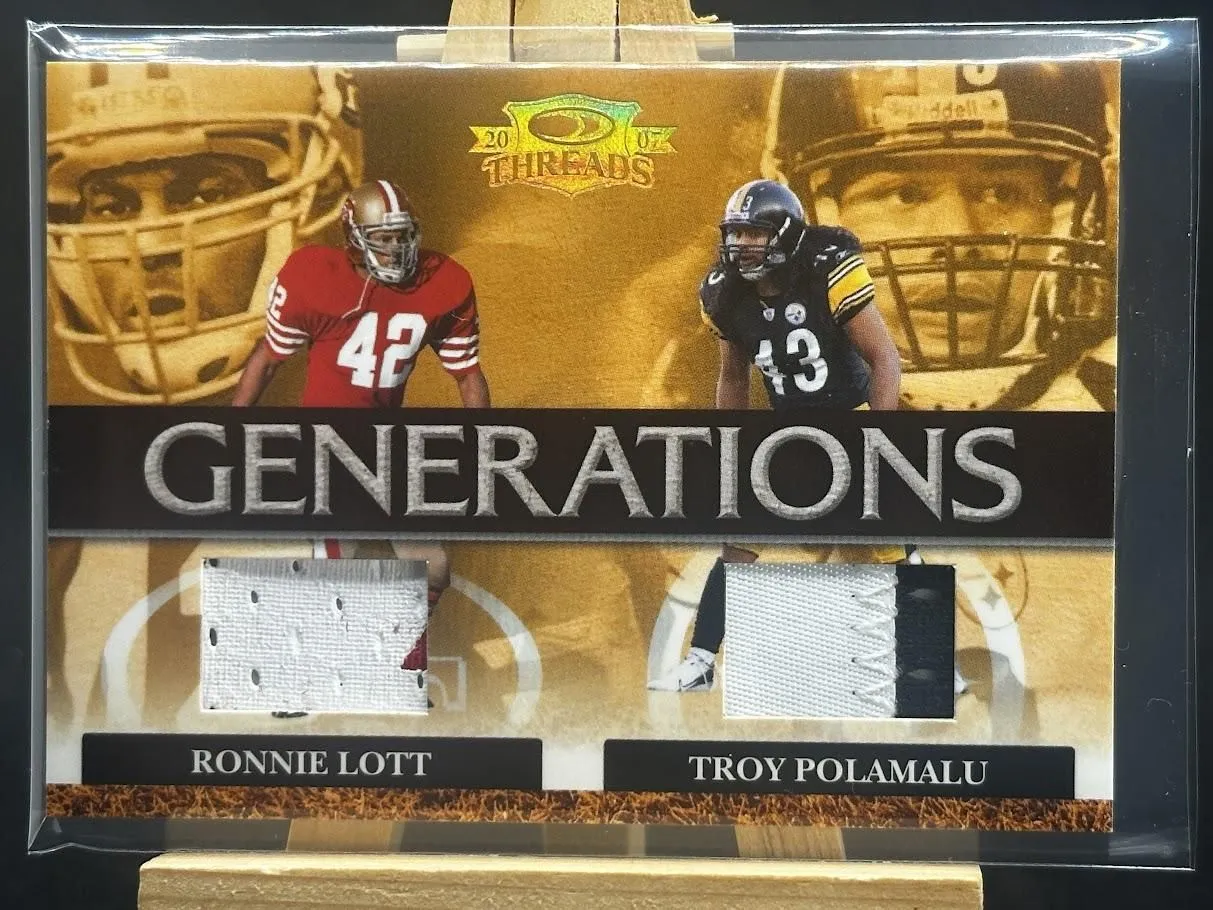 Product image for Polamalu & R. Lott 2007 Donruss Threads Generations Patch 14/25 Game Used #G-15 - 2007 - Football - G-15 - National Football League (NFL) - 2007 Donruss - Ronnie Lott, Troy Polamalu - Threads Generations Patch 14/25 2 Color Game Used - Pittsburgh Steelers, San Francisco 49ers