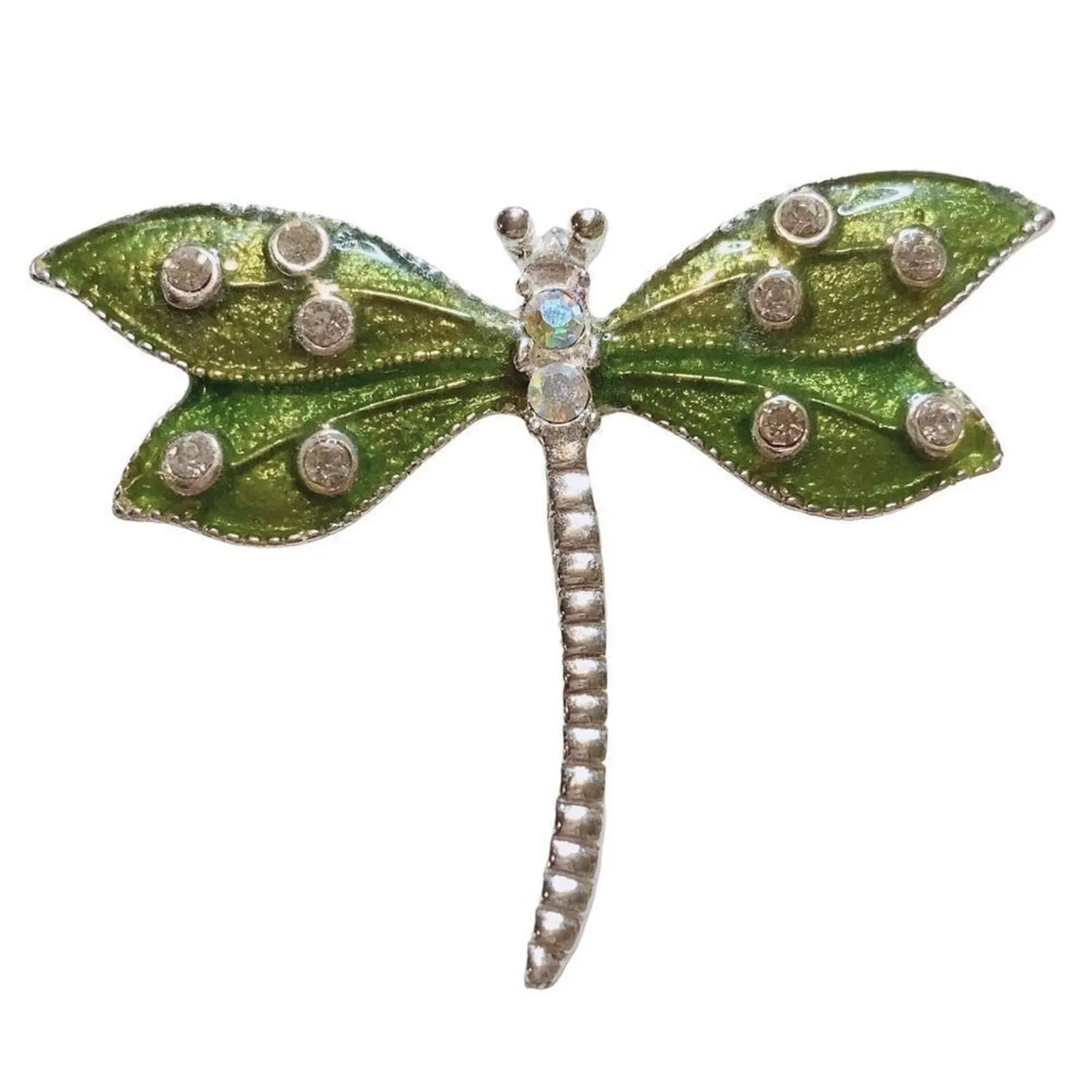 Product image for Green and Silvertone Dragonfly Brooch with Rhinestones