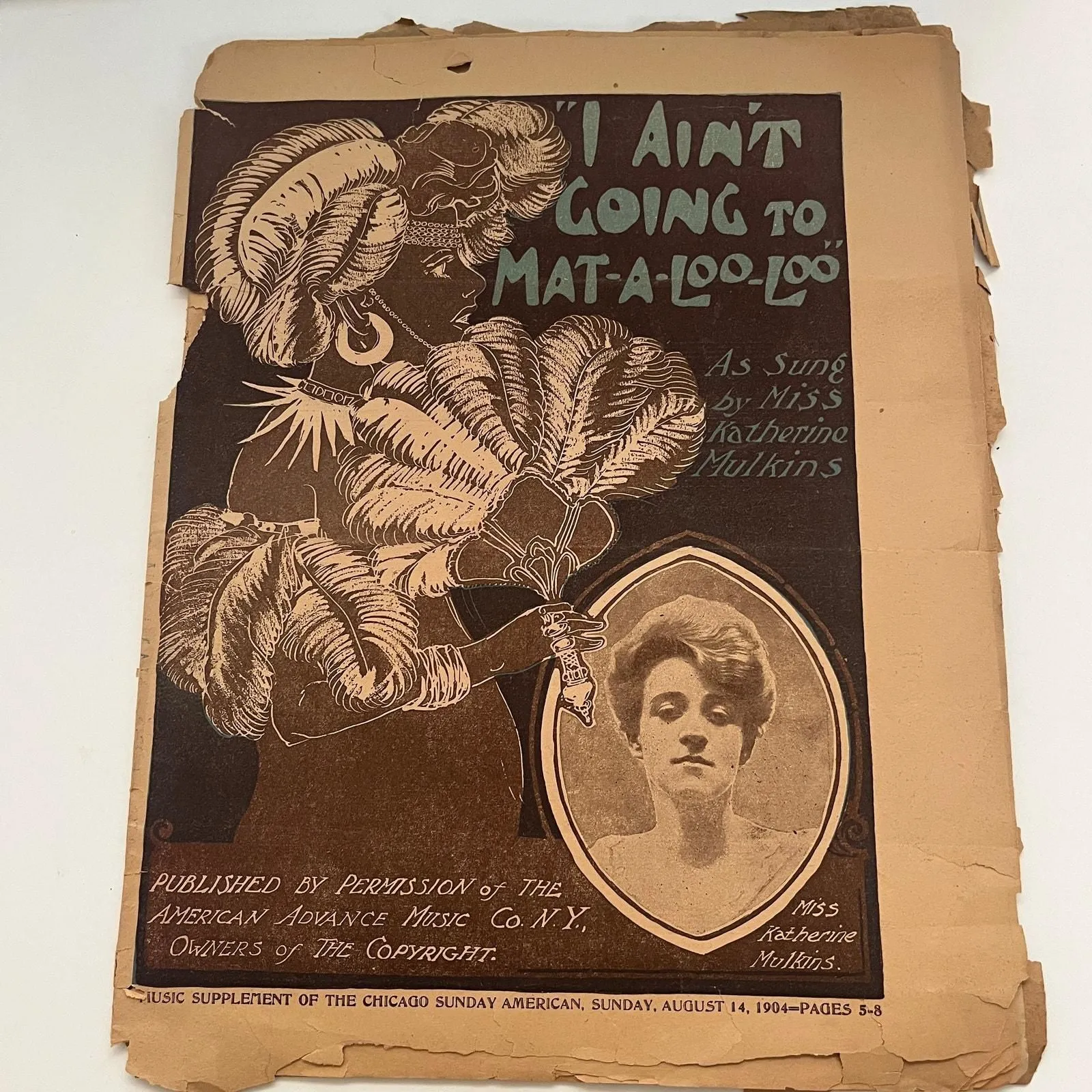 Product image for 1904 Sheet Music - I Ain't Going to Mat-A-Loo-Loo Miss Katherine Mulkins V26-3 - pre-owned---good