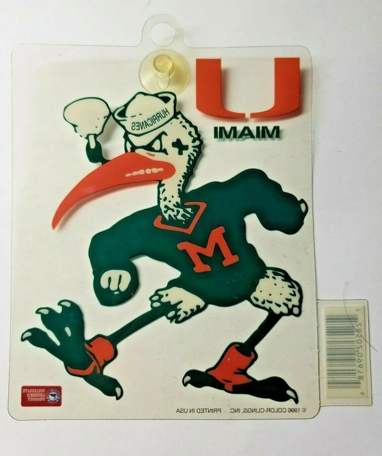 Product image for 1996 University of Miami College Hurricanes Window Clung Suction Cup NOS U139