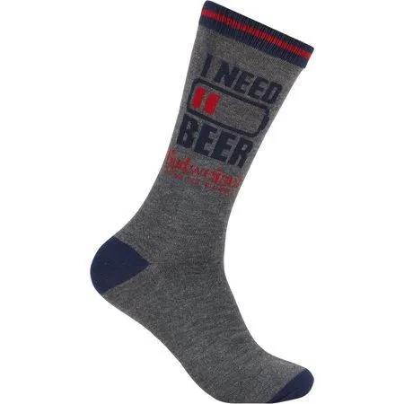 Product image for MENN SOCKS Budweiser Need Beer Recharge - Beer Novelty Fun Crew Socks Gift for Men - One Size Fits All  Grey Heather