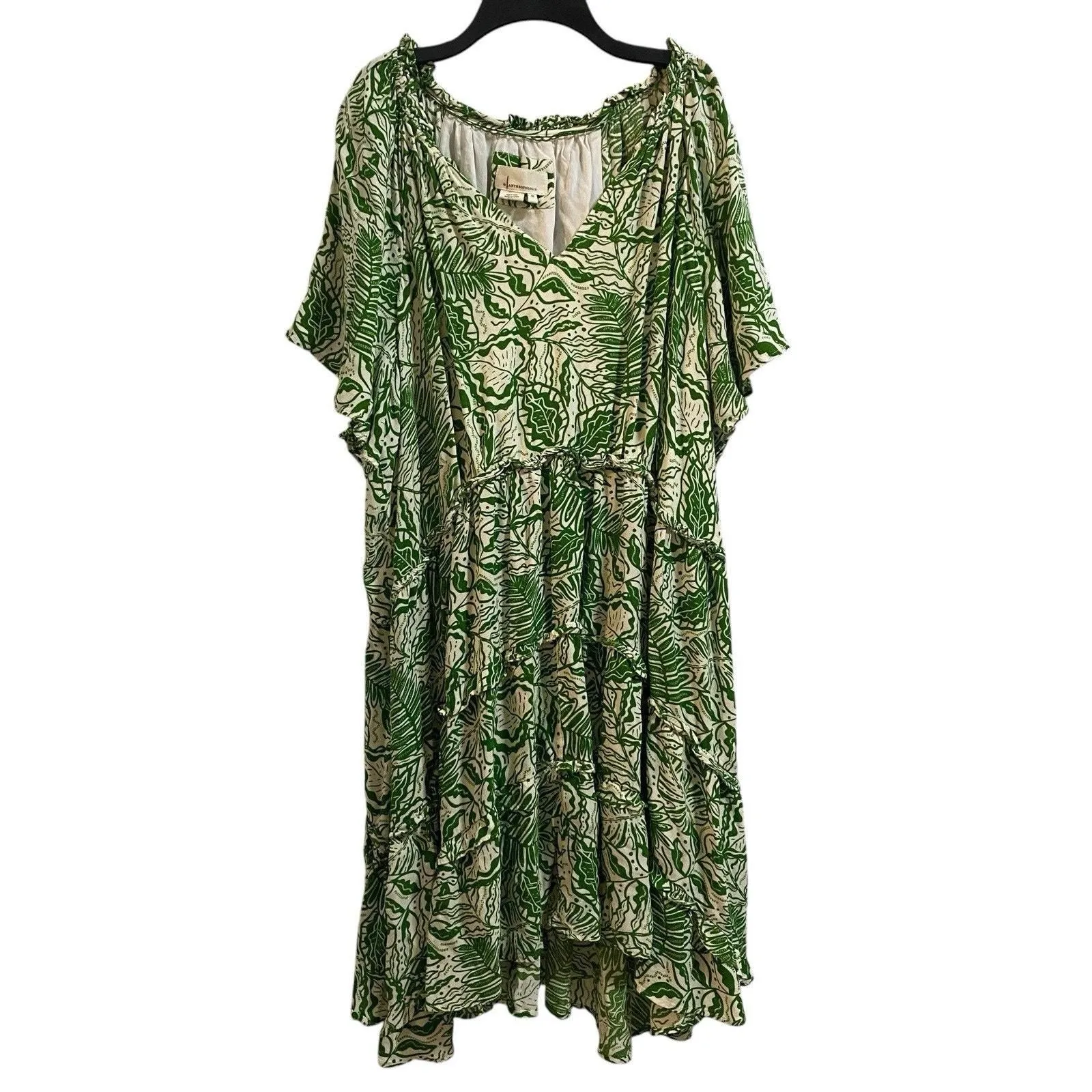 Product image for By ANTHROPOLOGIE 3X Green White Summer Tiered Dress Vneck Flutter Sleeve Stretch - 3X - Dresses - pre-owned---excellent - Anthropologie