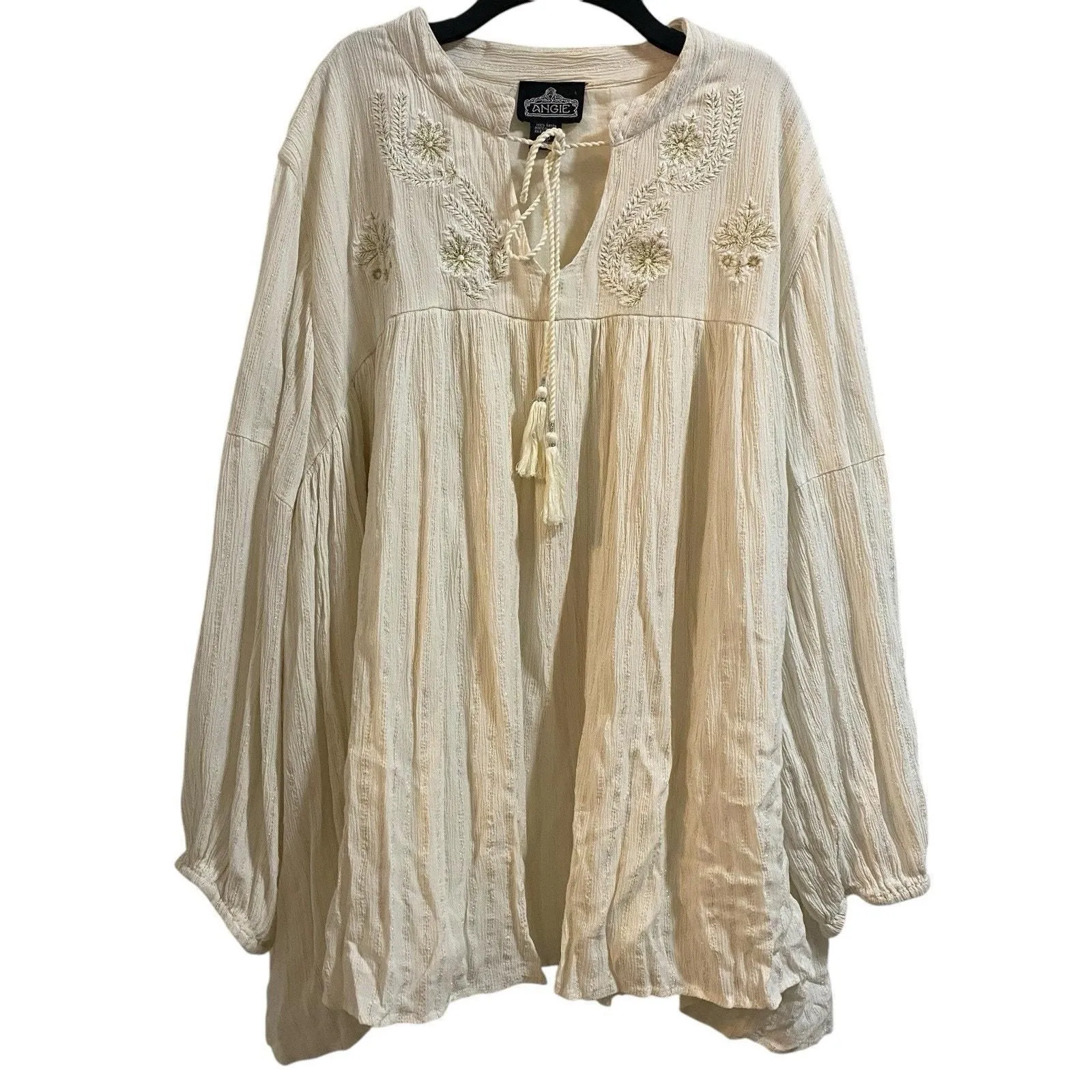 Product image for Angie Women’s Peasant Blouse 3X Cream Lurex Embroidered Floral V-Neck Summer - 3X - Tops - pre-owned---excellent - Angie