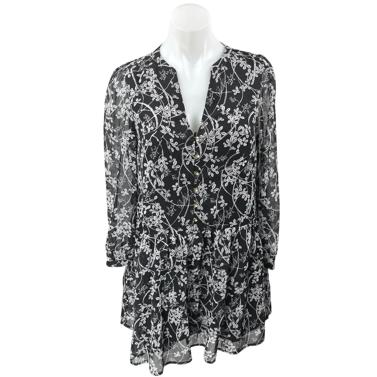 Product image for Ann Taylor LOFT Women's Black Floral V-neck Long Puff Sleeve Mini Shirt Dress XS - Dresses - XS - pre-owned---excellent - Ann Taylor