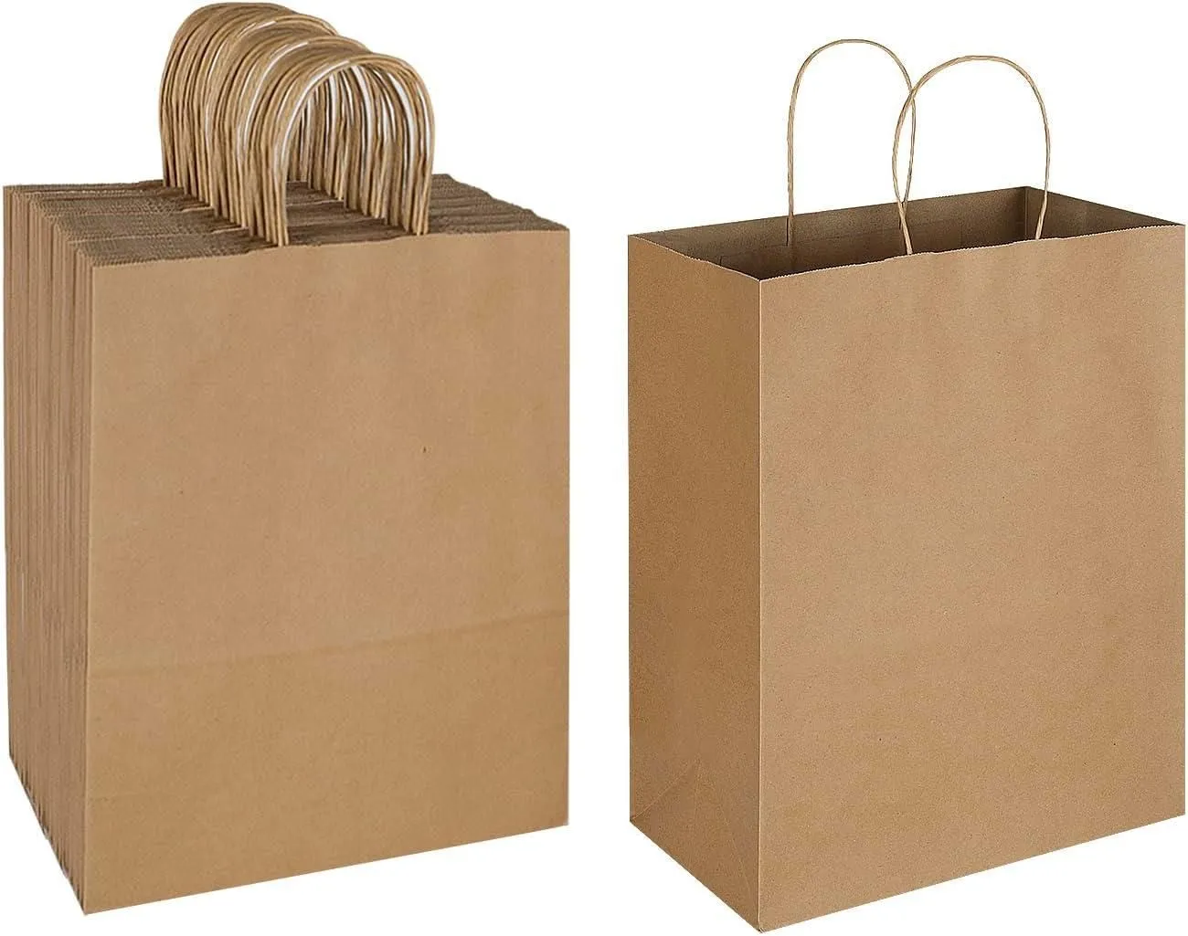 Product image for 50 Pack 10x5x13 Plain Natural Brown Kraft Paper Bags, Handles Large, 50 Count