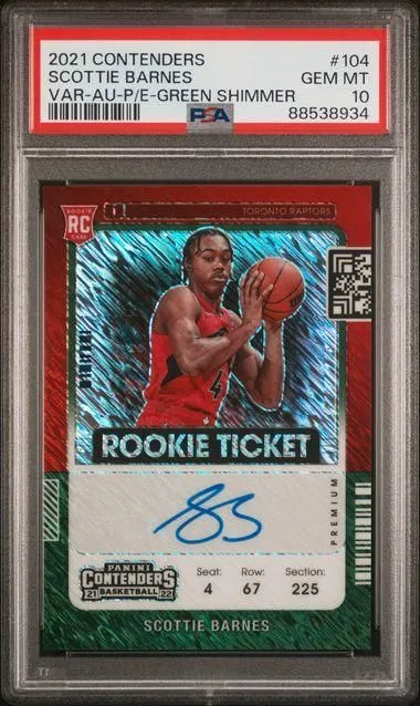 Product image for 2021 PANINI CONTENDERS SCOTTIE BARNES VAR-AU-P/E-GREEN SHIMMER #104 PSA GEM MT 10