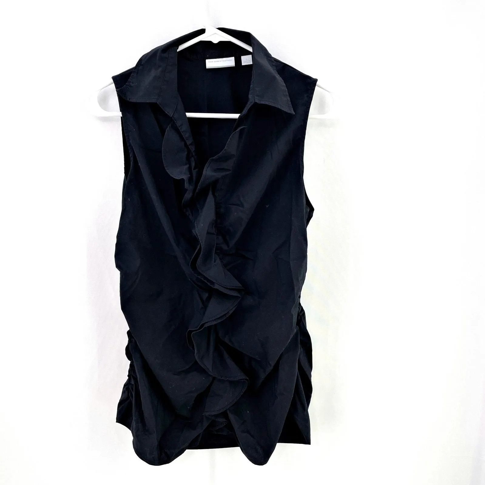 Product image for NY&C Sleeveless Cotton Shirt Ruffle Ruched Button Down Medium Office Siren - pre-owned---good - New York & Company
