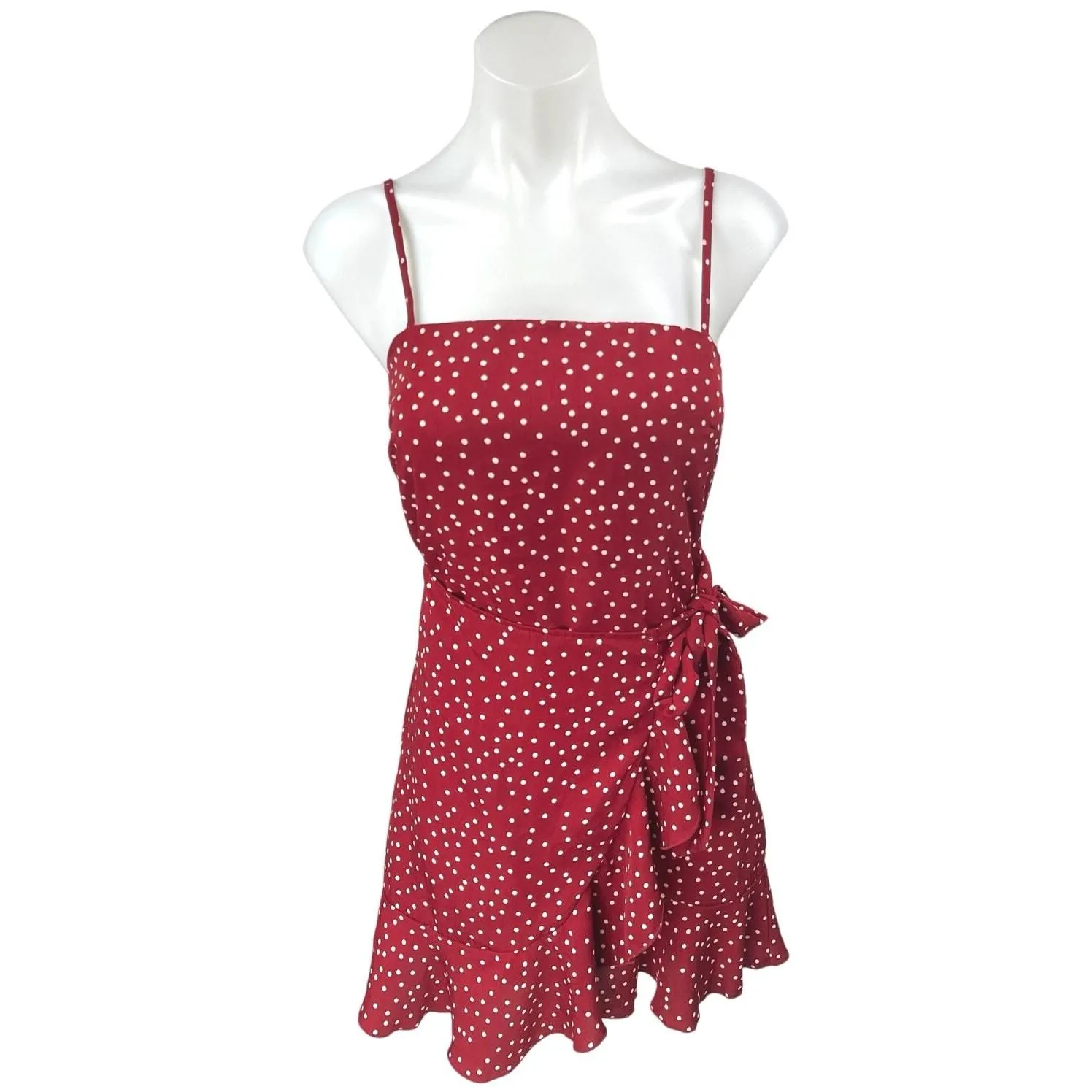 Product image for Princess Polly Red White Polka Dot Ruffle Wrap Cami Camisole A Line Mini Dress 4 - Dresses - 4 - pre-owned---excellent - Princess Polly