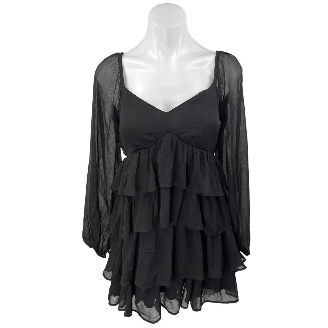 Product image for Abercrombie & Fitch Black Mesh Long Sleeve Ruffle Tiered Flounce Mini Dress Sz S - Dresses - S - pre-owned---excellent - Abercrombie & Fitch