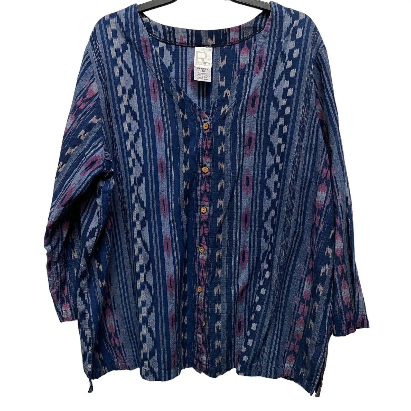 Product image for Womens Plus Size 24W Roaman’s Blouse Blues Aztec Western Print 100% Cotton Top - Roaman's