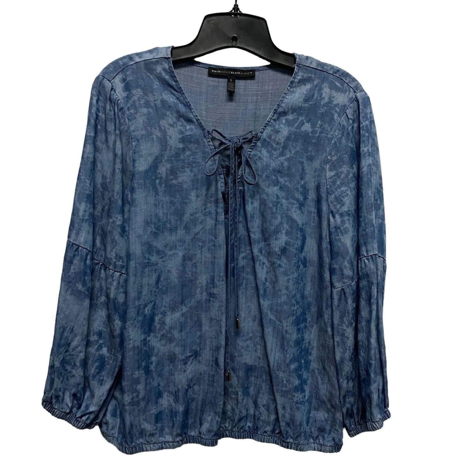 Product image for White House Black Market Womens Large Blue Tie Dye 3/4 Sleeve Lace Up Denim Top - White House Black Market