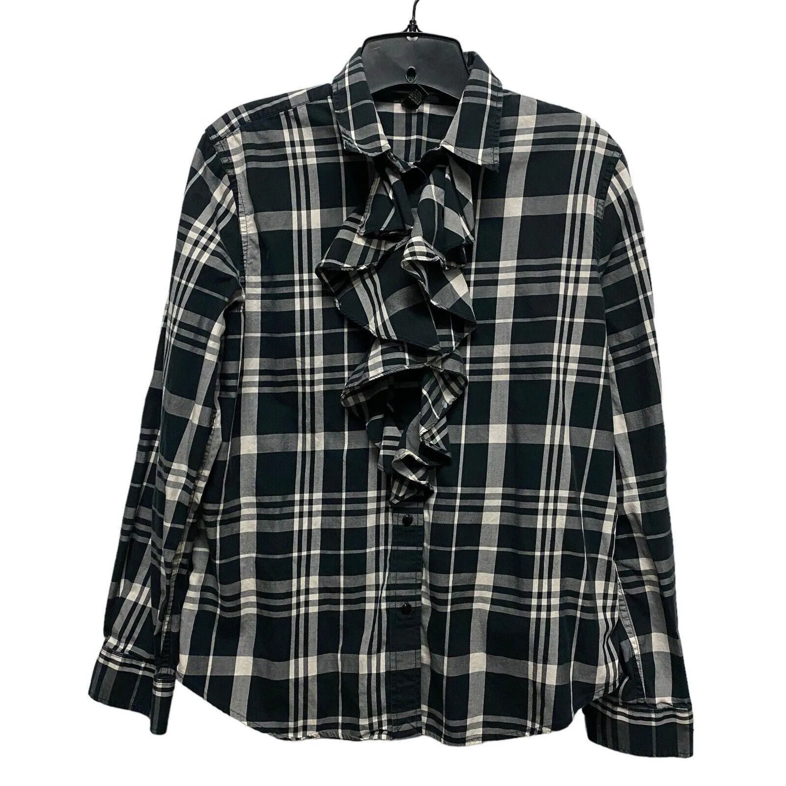 Product image for Lauren Ralph Lauren Ruffle Neckline top Large Long Sleeve Gray Plaid Shirt - Lauren Ralph Lauren