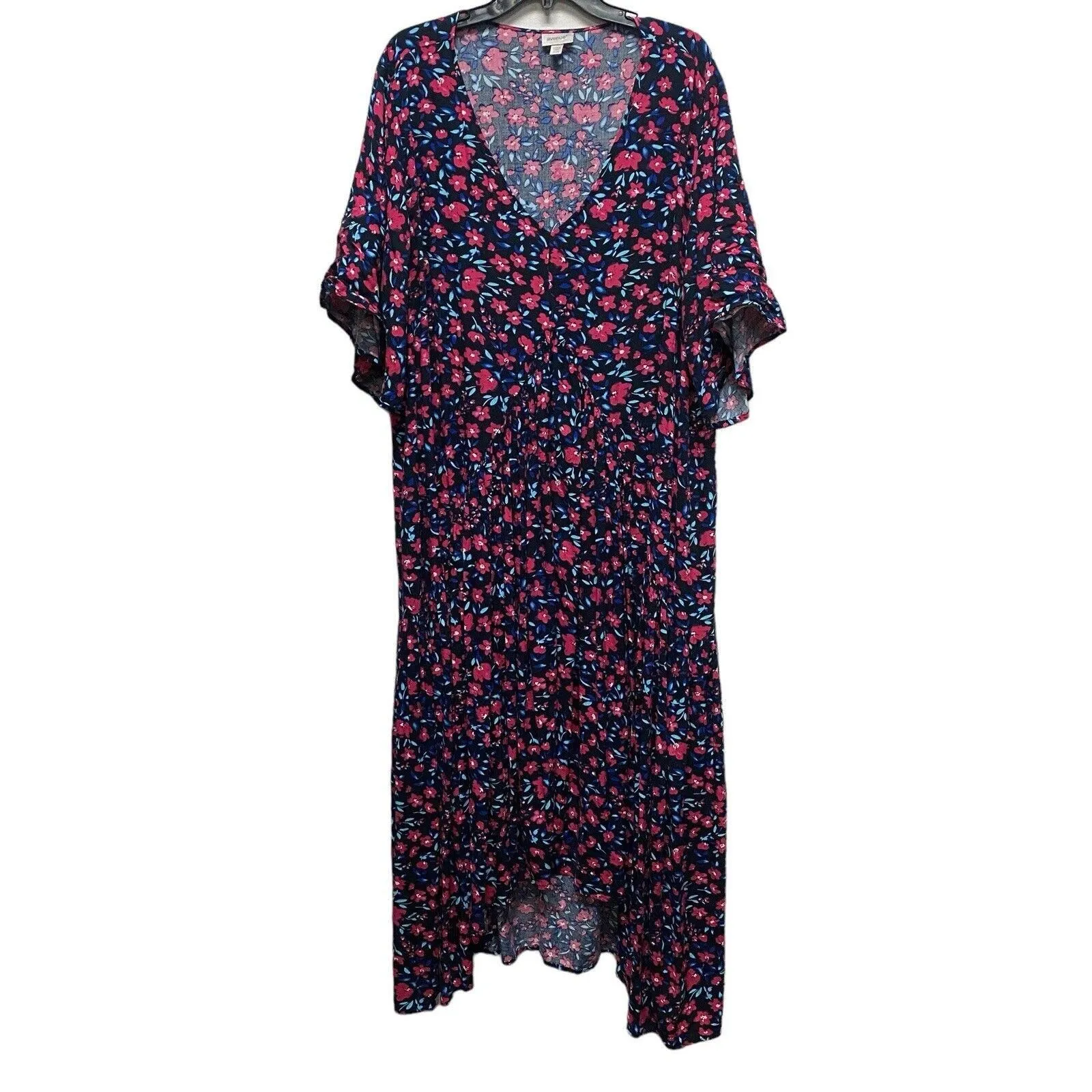 Product image for Avenue Woman Plus 22/24 Floral Ditzy Midi Dress V-Neck Roll Tab Sleeve High Low - Avenue