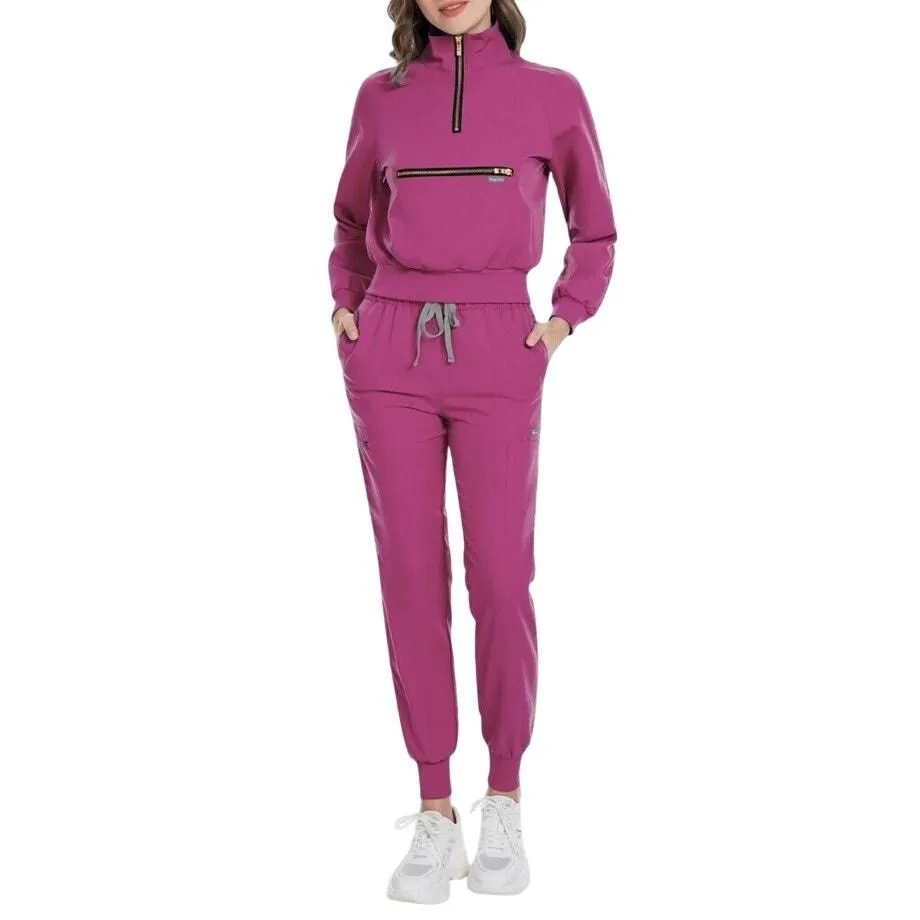 Product image for Women's Nurse Uniform Set Long Sleeve Top and Cargo Joggers in Rose Red, Size M