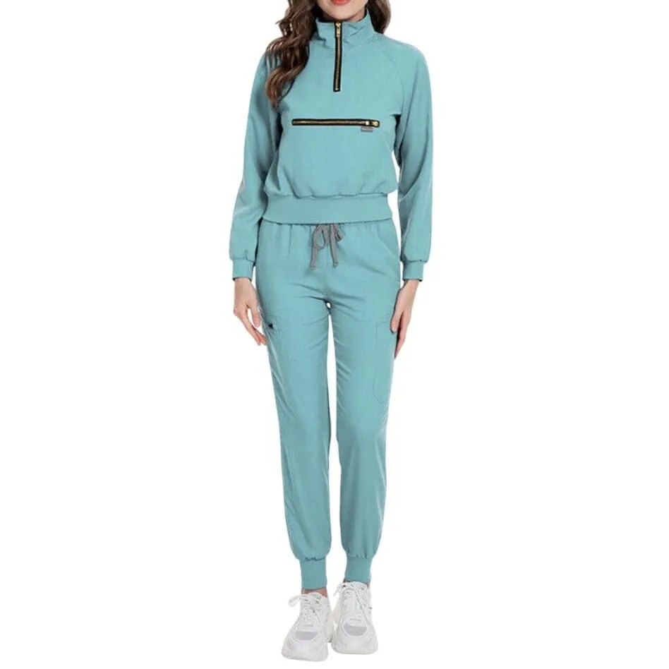 Product image for Women's Nurse Uniform Set Long Sleeve Top and Cargo Joggers in Light Blue Size M