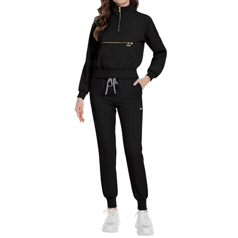 Product image for Women's Nurse Uniform Set Long Sleeve Top and Cargo Joggers in Black, Size M