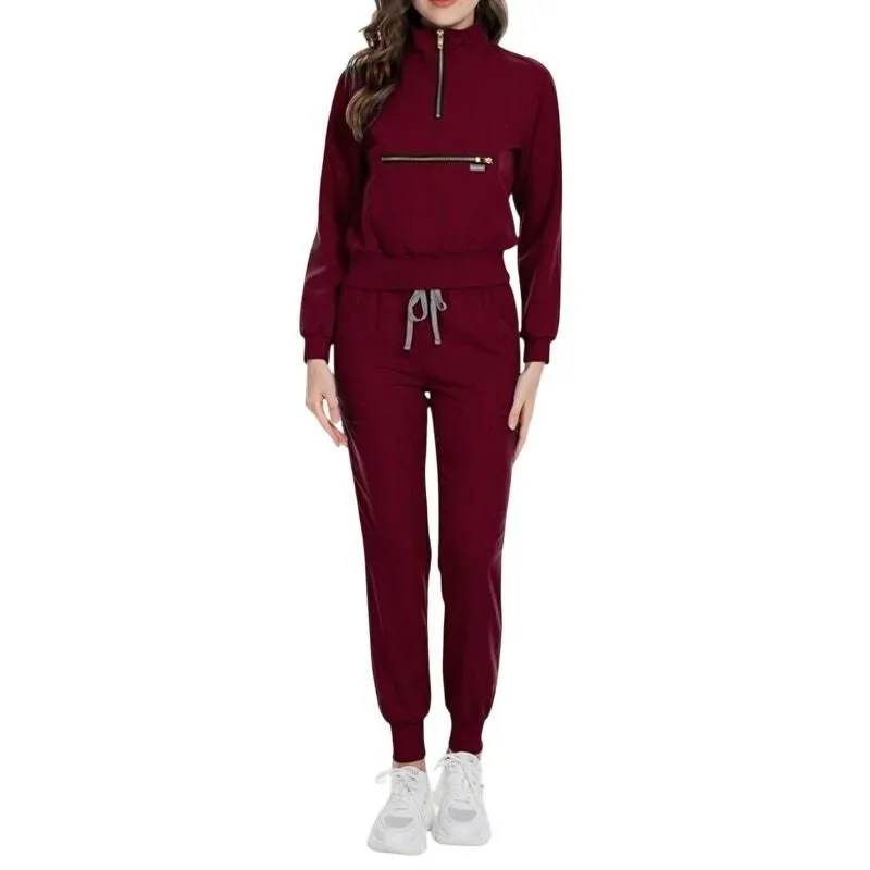 Product image for Women's Nurse Uniform Set Long Sleeve Top and Cargo Joggers in Wine Red, Size M