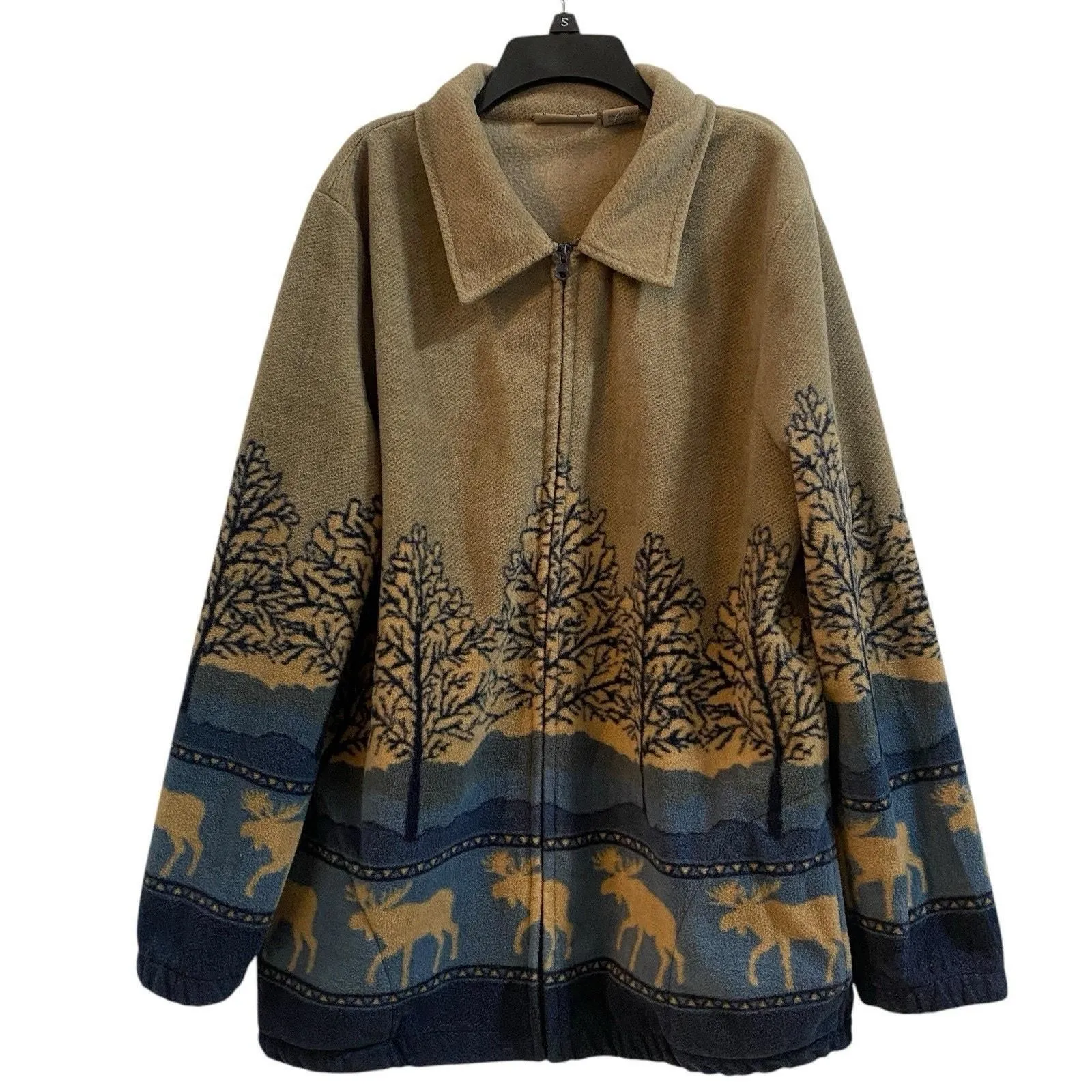 Product image for Vintage 90s Trees Moose Tan Blue Lodge Fleece Full Zip-up XL USA Winter Sweater - XL - Outerwear - pre-owned---excellent - Fashion Classics