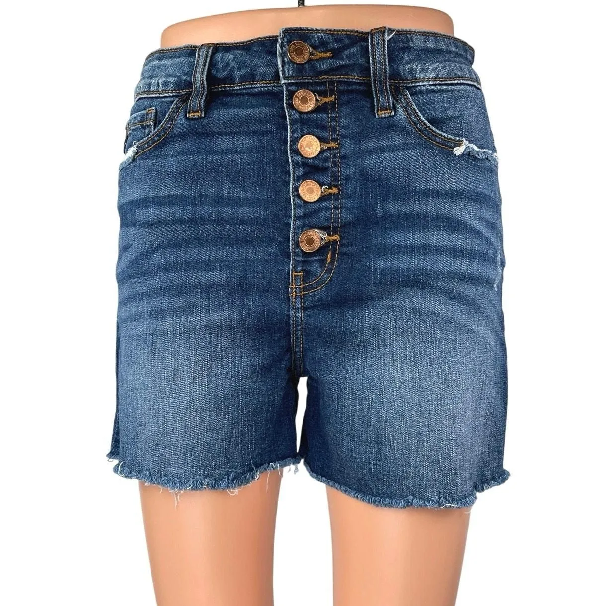 Product image for Kan Can Blue High Waist Frayed Raw Hem Cut Off Denim Jean Mom Shorts Size 27 - 27 - Bottoms - pre-owned---good - Kan Can