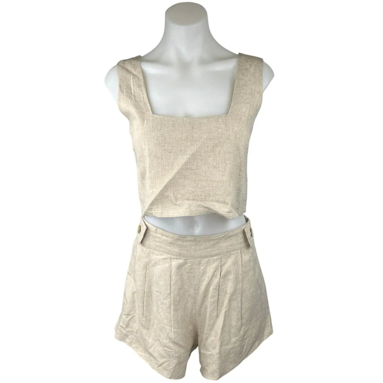 Product image for Free The Label Beige Linen Sleeveless Crop Top & High Waist Shorts 2 Piece Set S