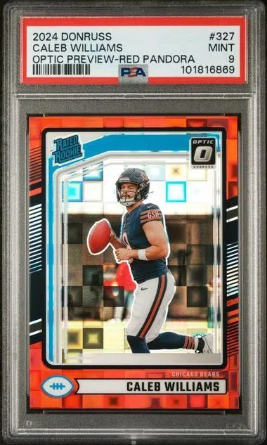 Product image for 2024 PANINI DONRUSS CALEB WILLIAMS OPTIC PREVIEW-RED PANDORA #327 PSA MINT 9