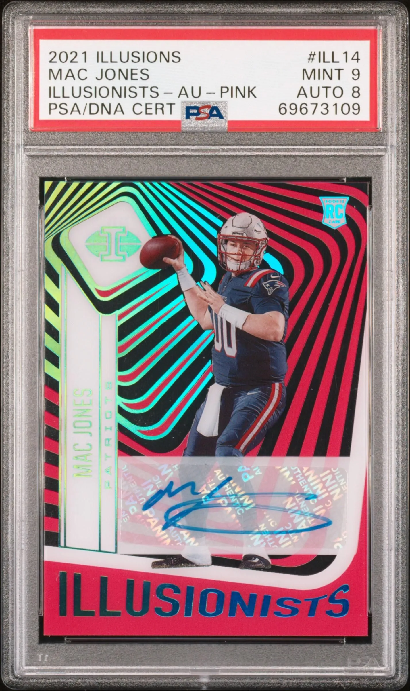 Product image for Mac Jones 2021 Panini Illusions Illusionists #ILL14 Au Pink /30 PSA 9 Auto 8 - Mac Jones - 2021 - Football - 8 - ILL14 - Serial Numbered - National Football League (NFL) - Panini - Mac Jones - 2021 Panini Illusions Illusionists
