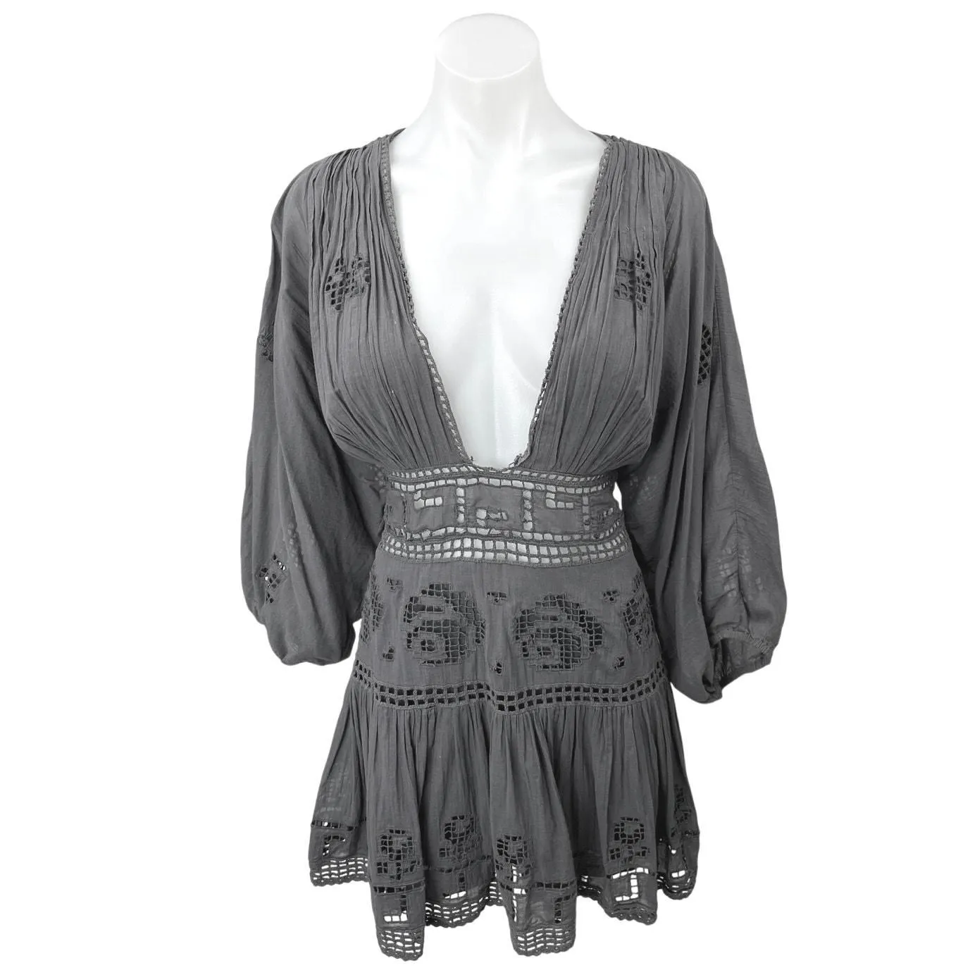 Product image for Free People Tea Time Gray V-Neck Embroidered Eyelet Lace Boho A Line Mini Dress  - Dresses - 12 - pre-owned---good - Free People