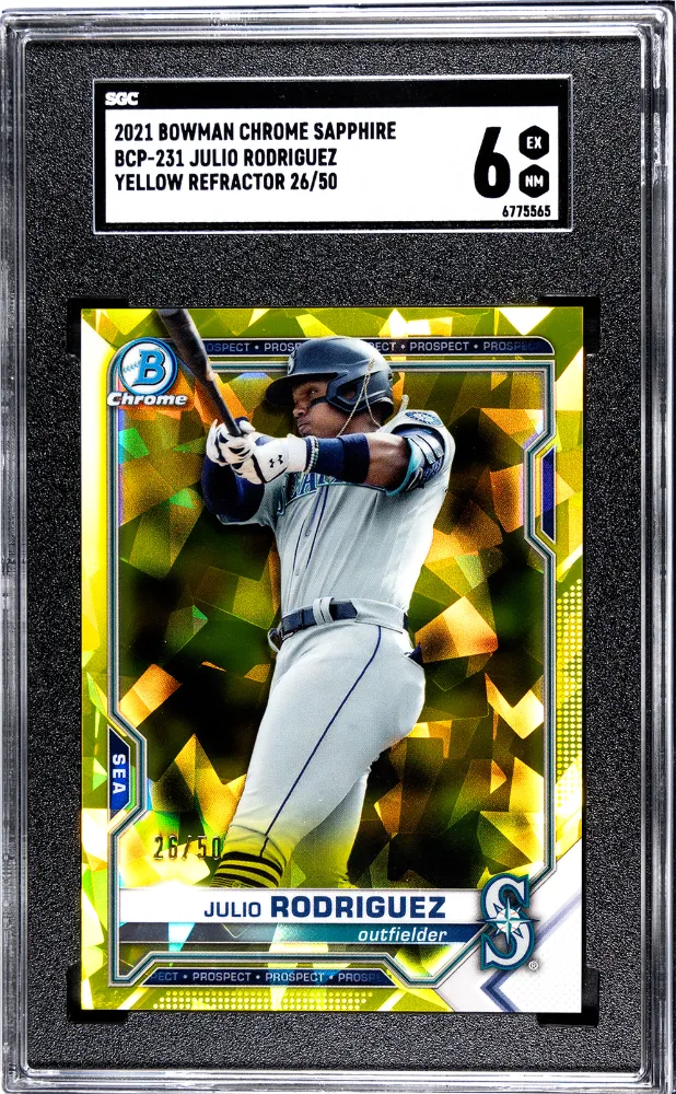 Product image for 2021 Bowman Chrome Sapphire Julio Rodriguez #BCP-231 Yellow Refractor SGC 6 - 2021 - Baseball - BCP-231 - Bowman - Julio Rodriguez - 2021 Bowman Chrome Sapphire - 1 - 1 - Yellow Refractor - Yes
