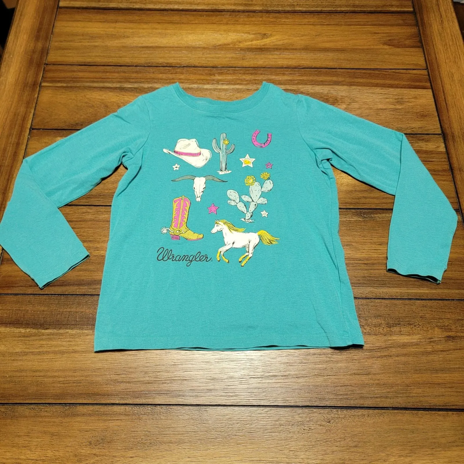 Product image for Wrangler Girls LS Teal Tee Western Cowgirl Logos - Size Medium