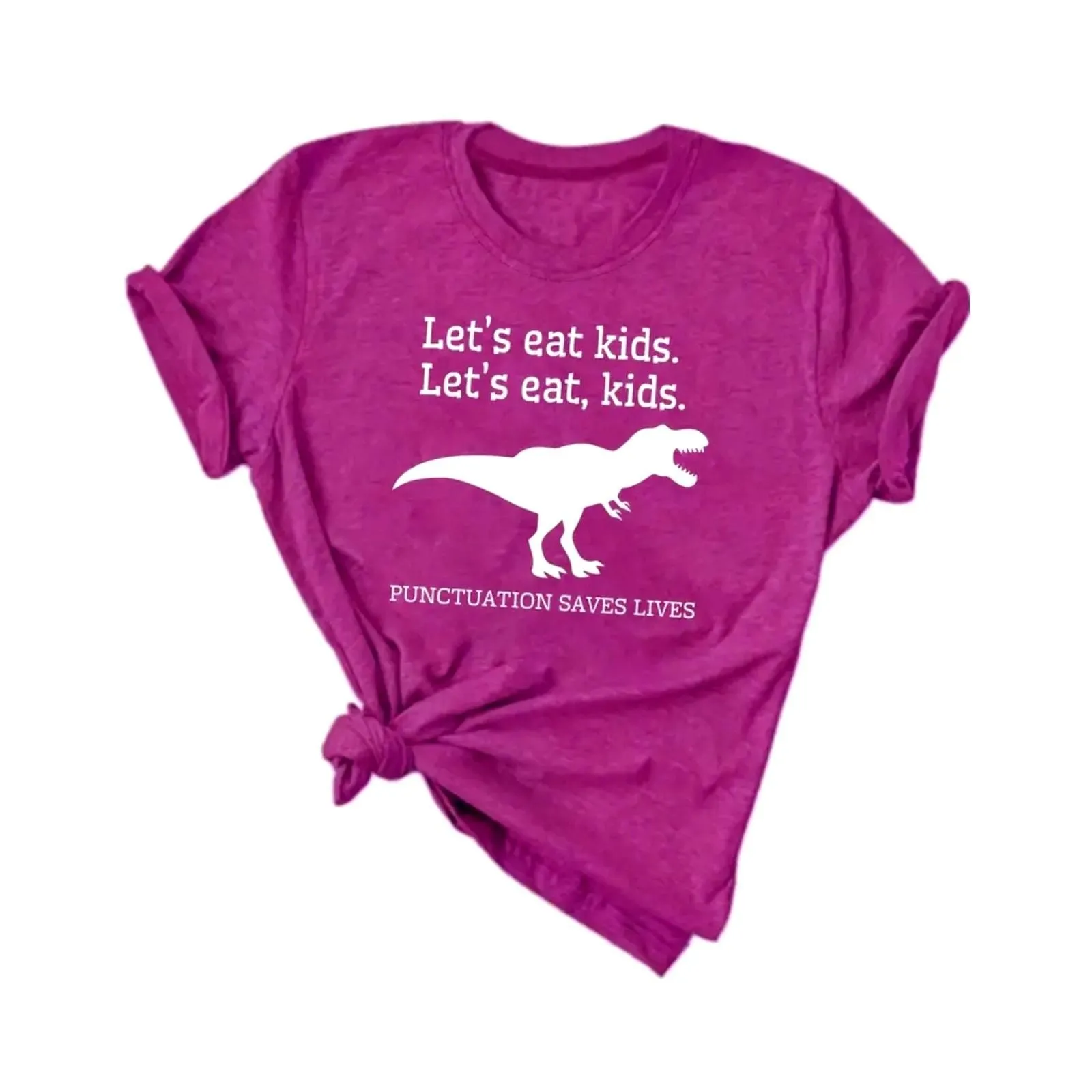 Product image for Dinosaur Print T Shirt Short Sleeve Lets Eat Kids Funny Dark Pink size 6 - new-without-tags - Unbranded