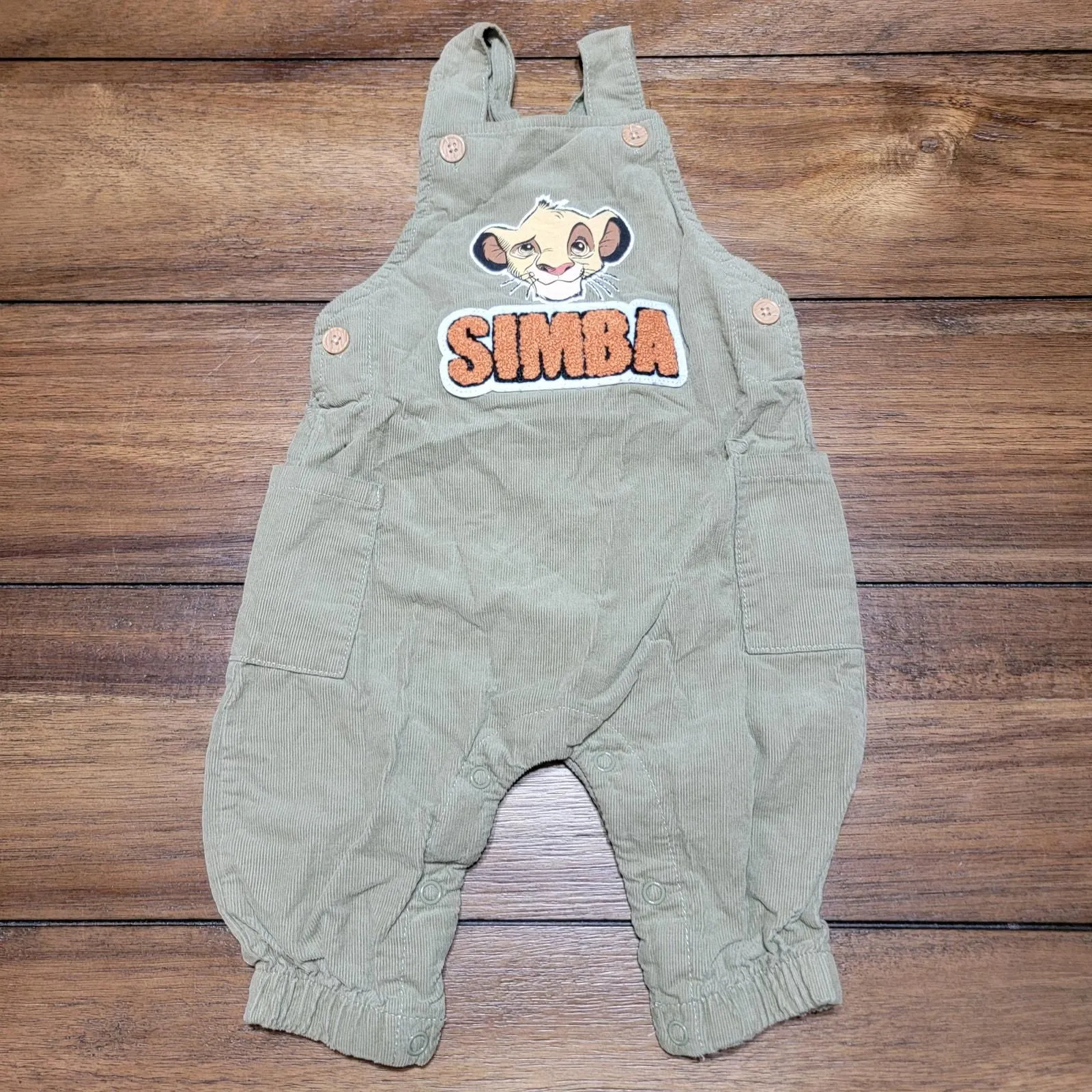Product image for Disney Baby Pea Green Corduroy Pants Overalls "Simba" - Size 3/6M