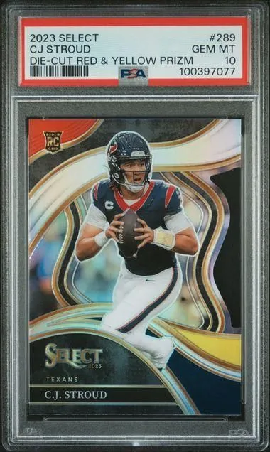 Product image for 2023 PANINI SELECT CJ STROUD DIE-CUT RED & YELLOW PRIZM #289 PSA GEM MT 10