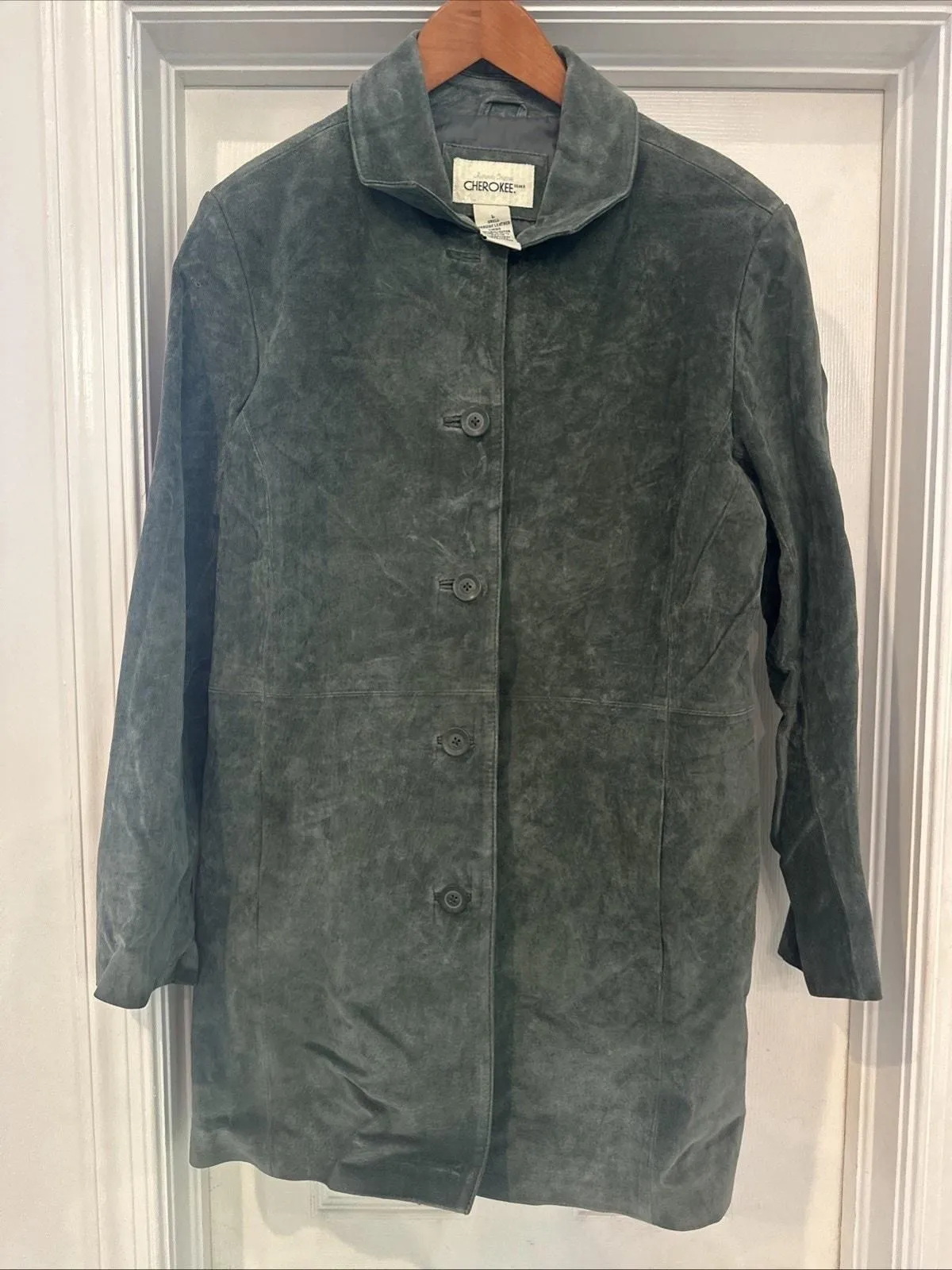 Product image for Vintage Cherokee Jacket L Coat 100% Suede Leather Lined Green Western Cowboy - Cherokee