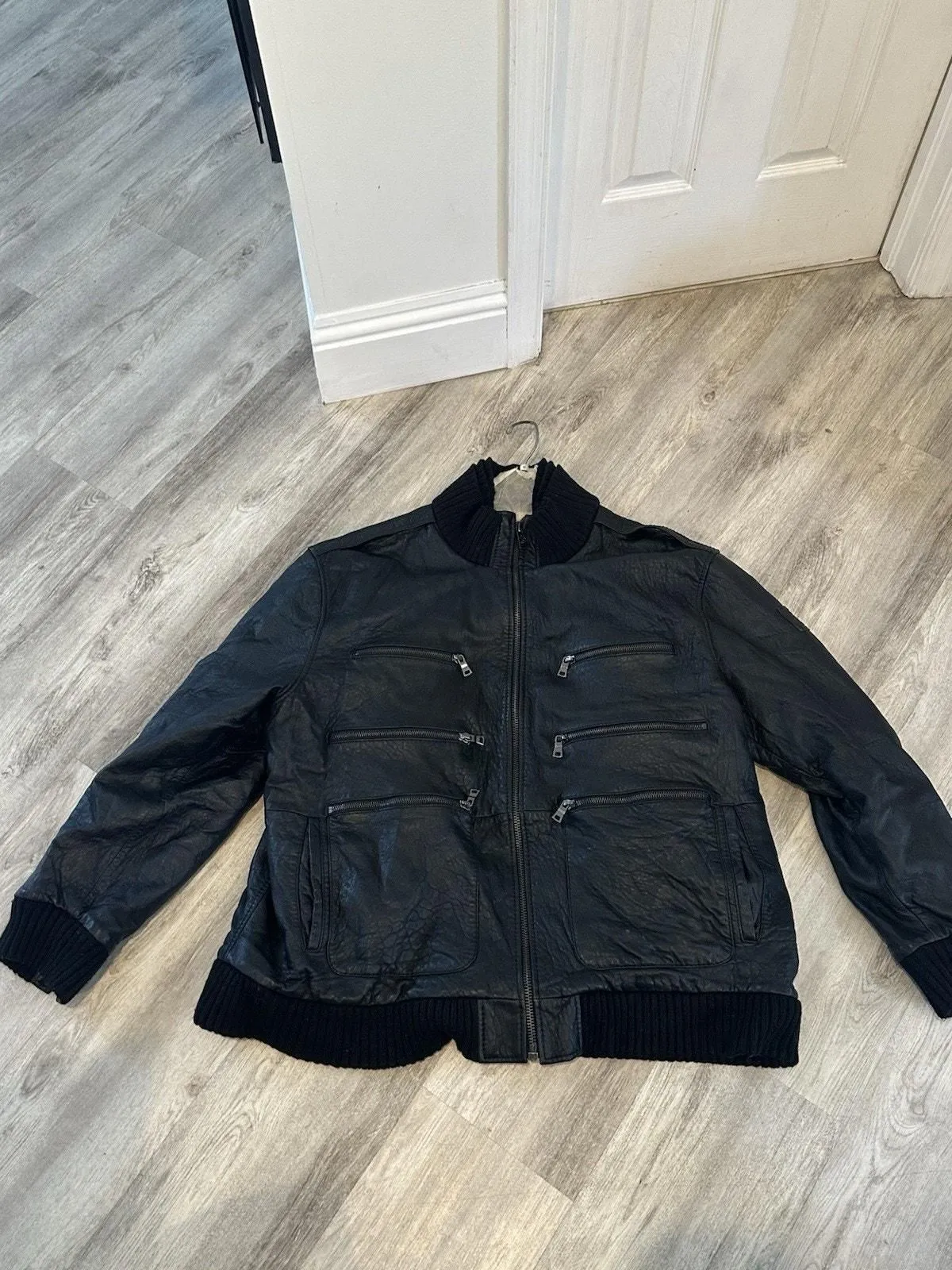 Product image for Schott Black Leather Motorcycle Jacket Coat 6 Pocket Sweater Collar Size 4XL - SCHOTT