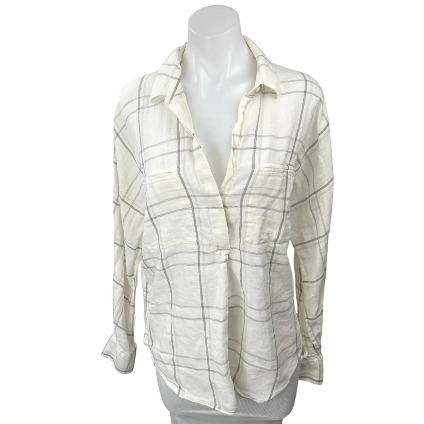 Product image for Vince Women's Cream Plaid Pocket V Neck Relaxed Long Sleeve Shirt Top Size L - Tops - L - pre-owned---good - Vince