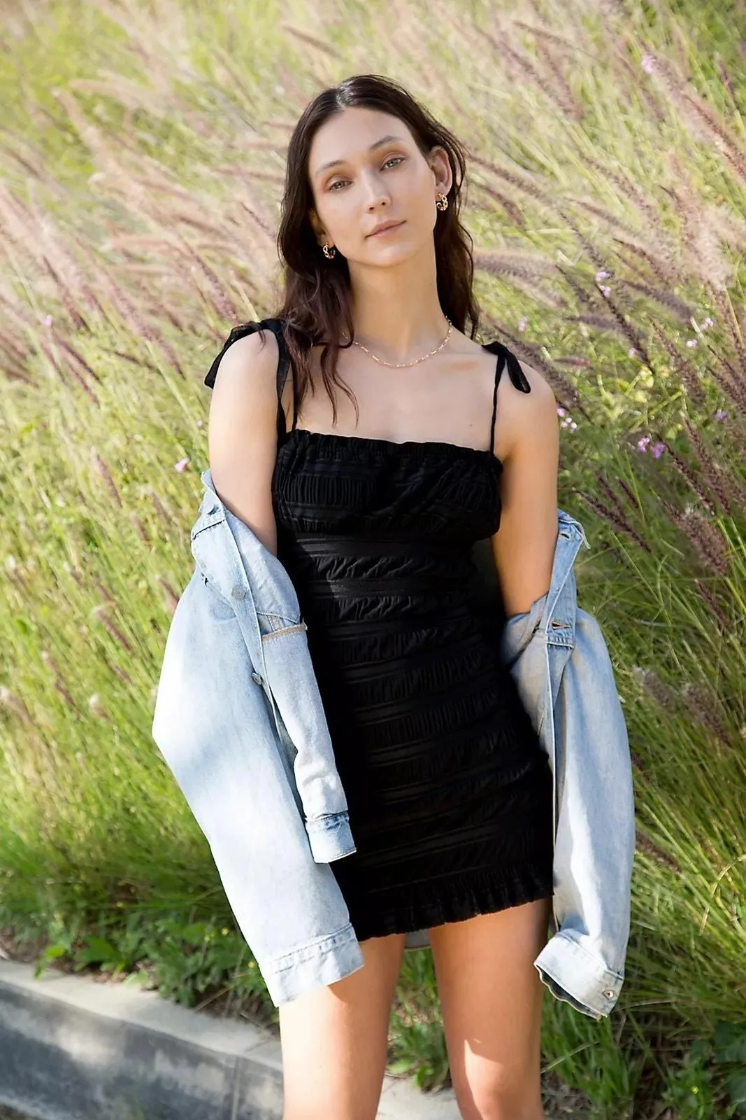 Product image for Free People Bittersweet Black Smocked Ruffle Sleeveless Cami Ruched Mini Dress L - Dresses - L - pre-owned---good - Free People