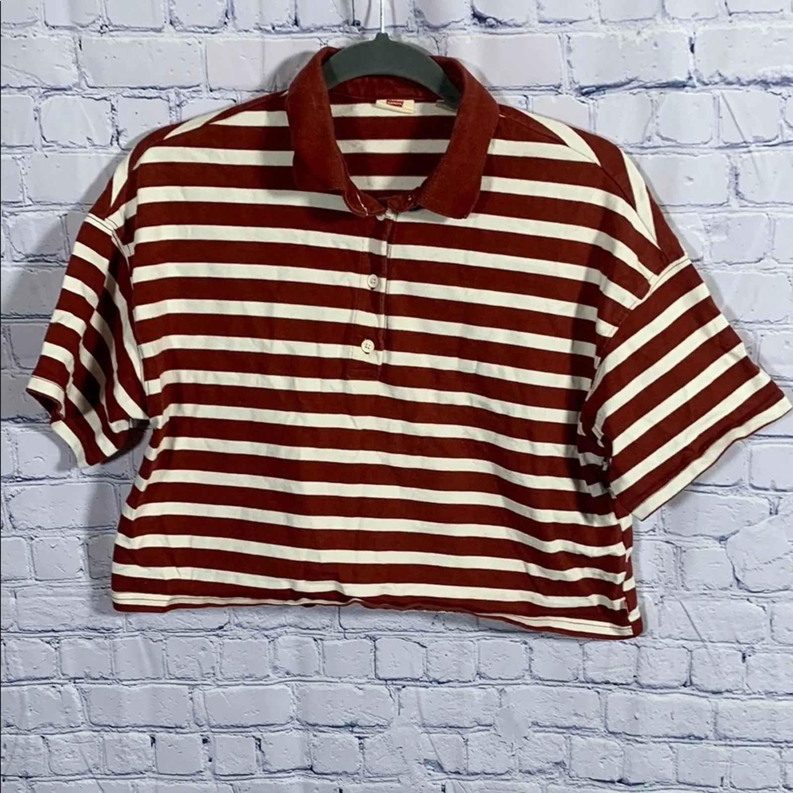 Product image for Levi's Astrid Polo Shirt Cropped Striped Burgundy & White Retro 90s Size S - pre-owned---excellent - Levi's