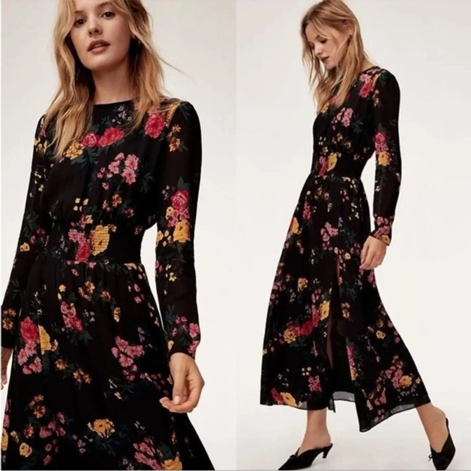 Product image for WILFRED Aritzia Tilda Black Floral Maxi Dress Long Sleeves Leg Slit Size Small - pre-owned---excellent - Wilfred