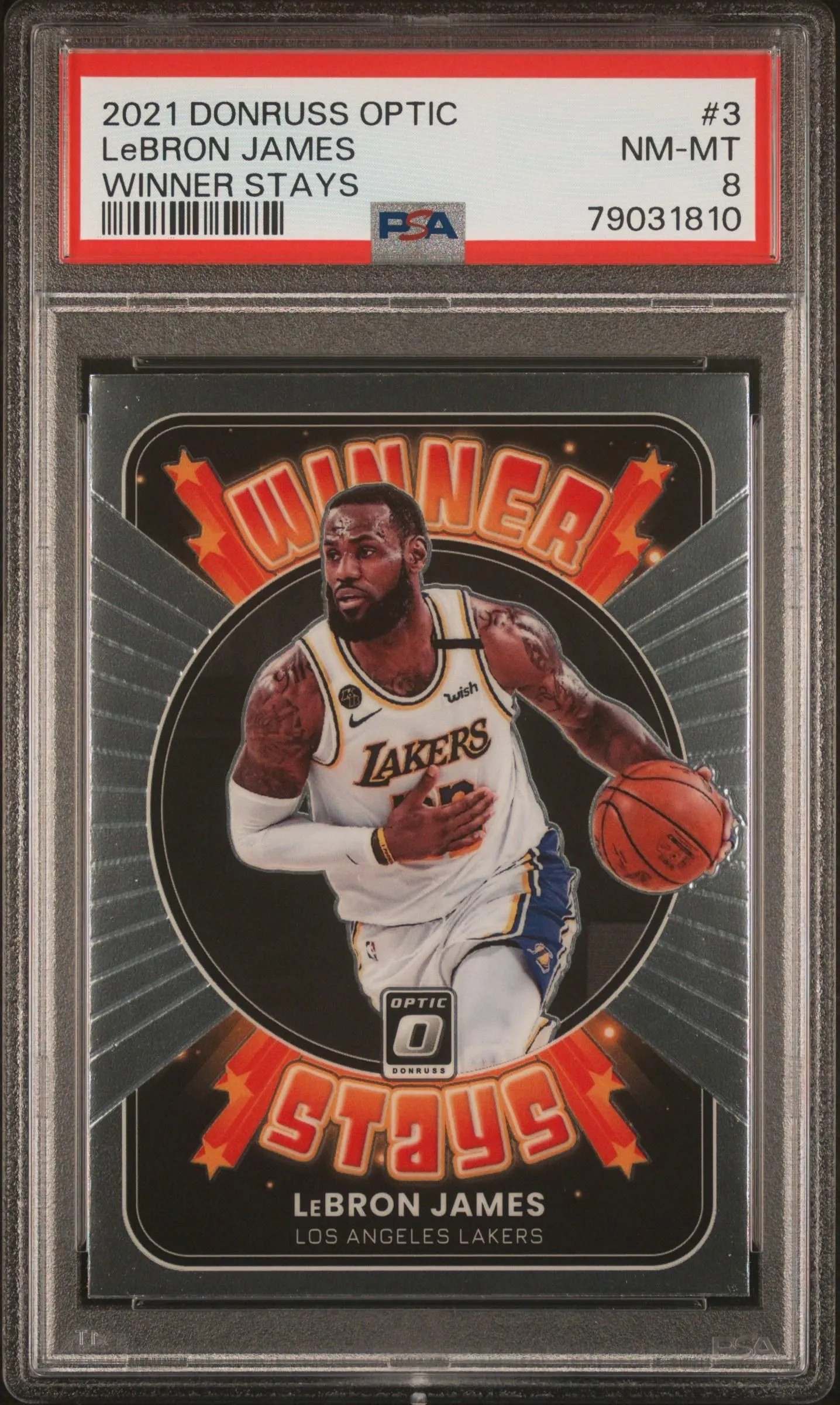 Product image for 2021 Panini Donruss Optic Winner Stays LeBron James #3 PSA 8 - Yes - 2021 - 79031810 - 8 - Basketball - Professional Sports Authenticator (PSA) - 3 - Panini - LeBron James - 2021 Panini Donruss Optic Winner Stays