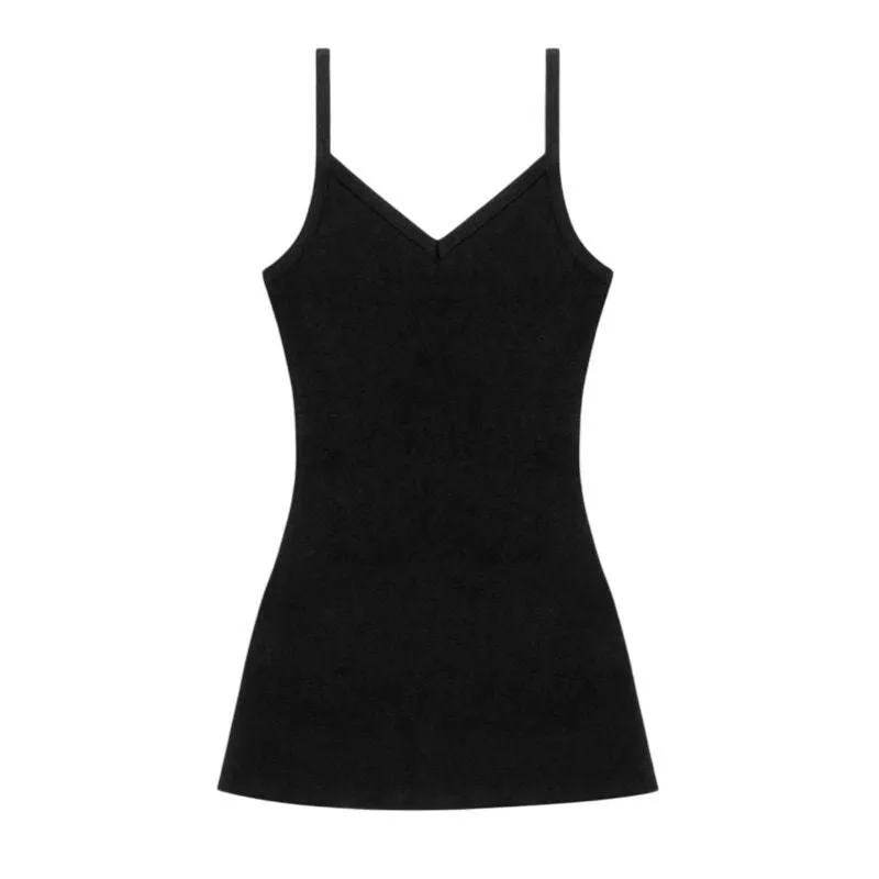 Product image for Los Angeles Apparel 14/1 Rib Spaghetti V-Neck Dress in Black, Size S - new-without-tags - Los Angeles Apparel